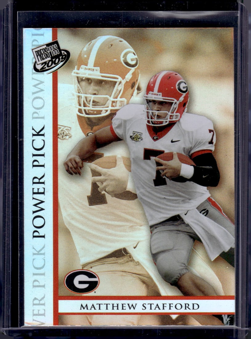 Matthew Stafford Rookie Card Power Pick 2009 Press Pass #101 Top Right Corner Ding See Pics: Panini Select, Prizm, Mosaic, Contenders, Zenith, Phoenix, Illusions, Absolute, Rookie NFL Sports Trading Cards, SP, SSP, Cards, Football Cards for Sale Near Me, Superbowl & Hall of Fame Player Cards,