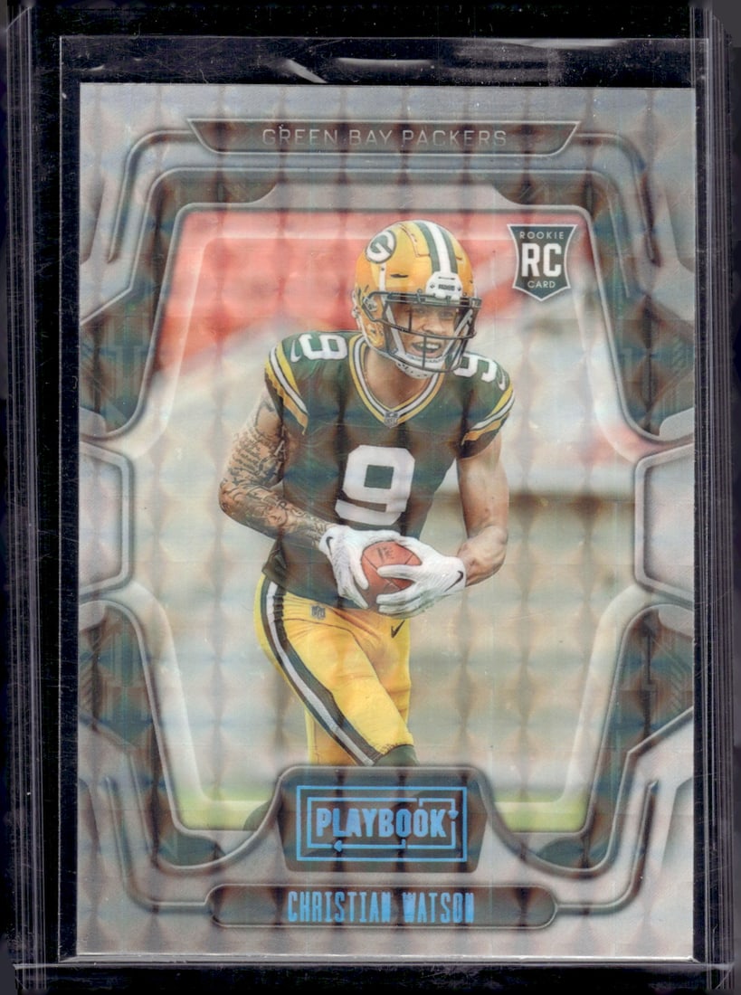 Christian Watson Rookie Card Mosaic 2022 Panini Playbook #119 Green Bay Packers: Panini Select, Prizm, Mosaic, Contenders, Zenith, Phoenix, Illusions, Absolute, Rookie NFL Sports Trading Cards, SP, SSP, Cards, Football Cards for Sale Near Me, Superbowl & Hall of Fame Player Cards,