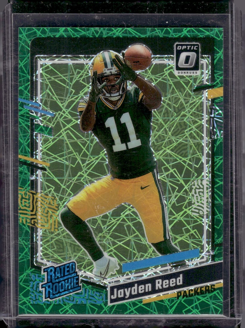 Jayden Reed Rookie Card Green Velocity Prizm 2023 Donruss Optic #239 Packers: Donruss Optic Football NLF Trading & Sports Cards, Sports Cards for Sale Near Me, Valuable Memorabilia Auction Lots Sold On Line, SP, SSP