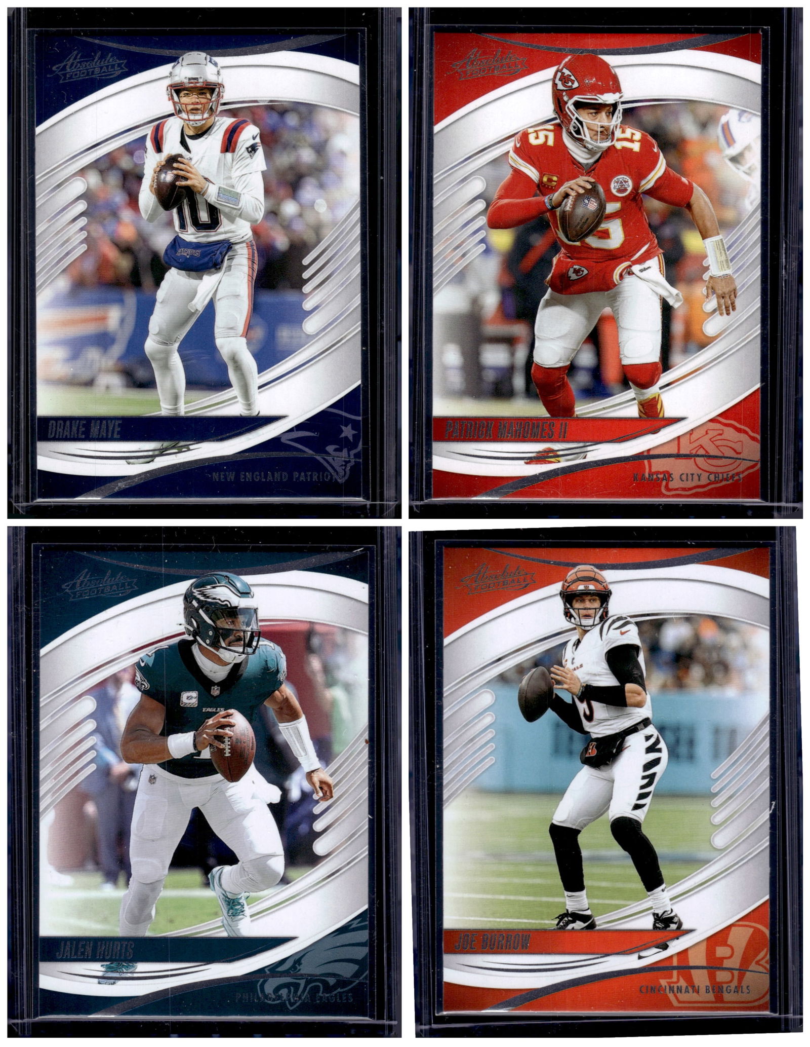 Lot of 4 2025 Absolute NFL QB Base Cards. Drake Maye, Mahomes, Hurts, Burrow: Panini Select, Prizm, Mosaic, Contenders, Zenith, Phoenix, Illusions, Absolute, Rookie NFL Sports Trading Cards, SP, SSP, Cards, Football Cards for Sale Near Me, Superbowl & Hall of Fame Player Cards,