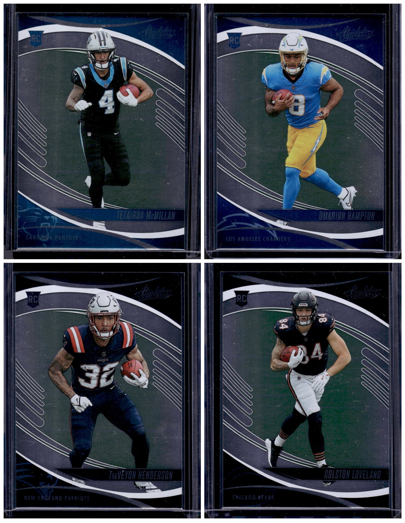 Lot of 4 2025 Absolute NFL Rookie Cards. Tet McMillan, Hampton, Henderson, Loveland: Panini Select, Prizm, Mosaic, Contenders, Zenith, Phoenix, Illusions, Absolute, Rookie NFL Sports Trading Cards, SP, SSP, Cards, Football Cards for Sale Near Me, Superbowl & Hall of Fame Player Cards,