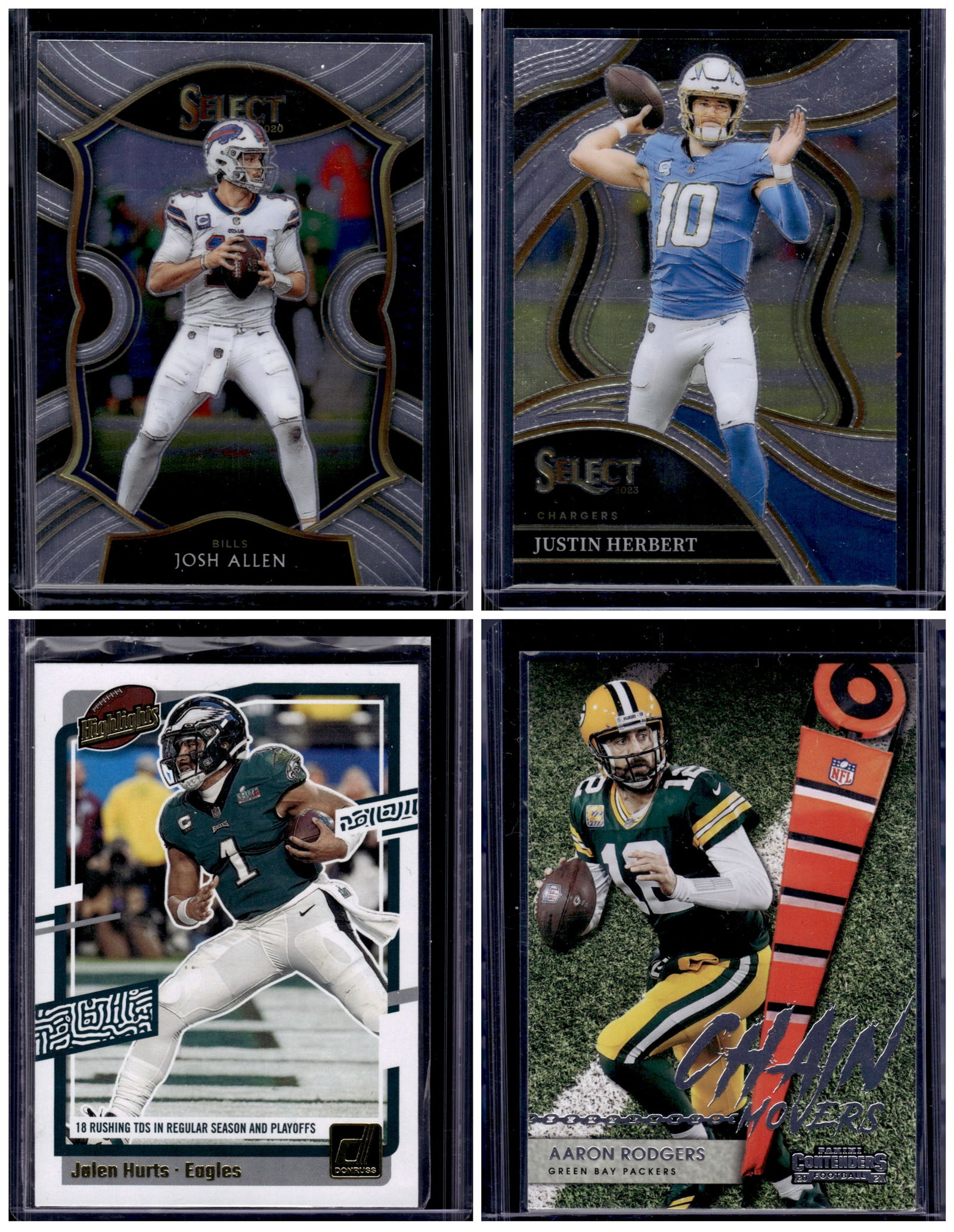 Lot of 4 NFL QB Cards. Josh Allen, Justin Herbert, Jalen Hurts, Aaron Rodgers (1 of 2)
