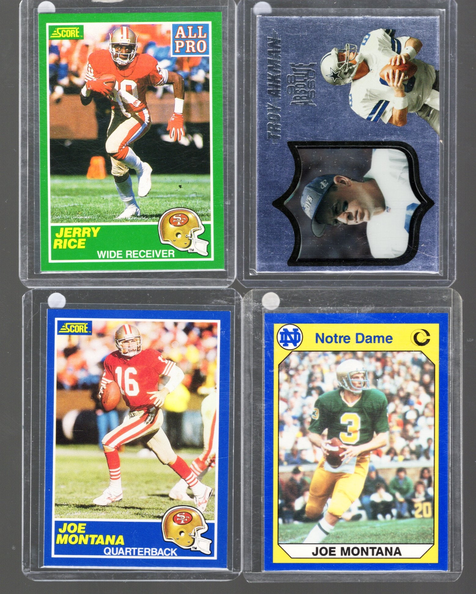 4 - Vintage NFL Trading Cards: (2) Joe Montana, Jerry Rice, & Troy Aikman, Score, Collegiate (1 of 2)