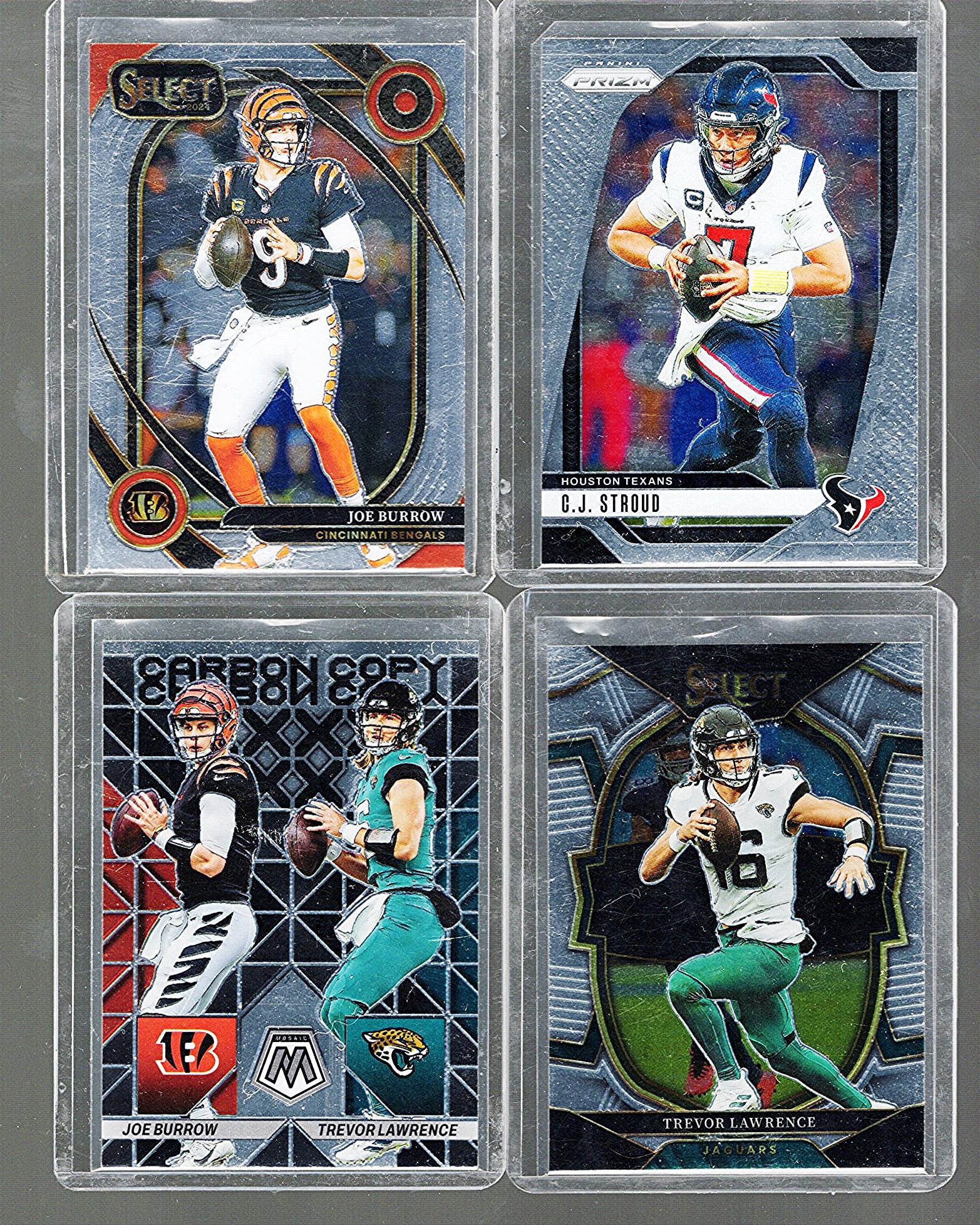 Joe Burrow, CJ Stroud, Trevor Lawrence Panini Prizm, Mosaic, & Select NFL Trading Cards (1 of 2)