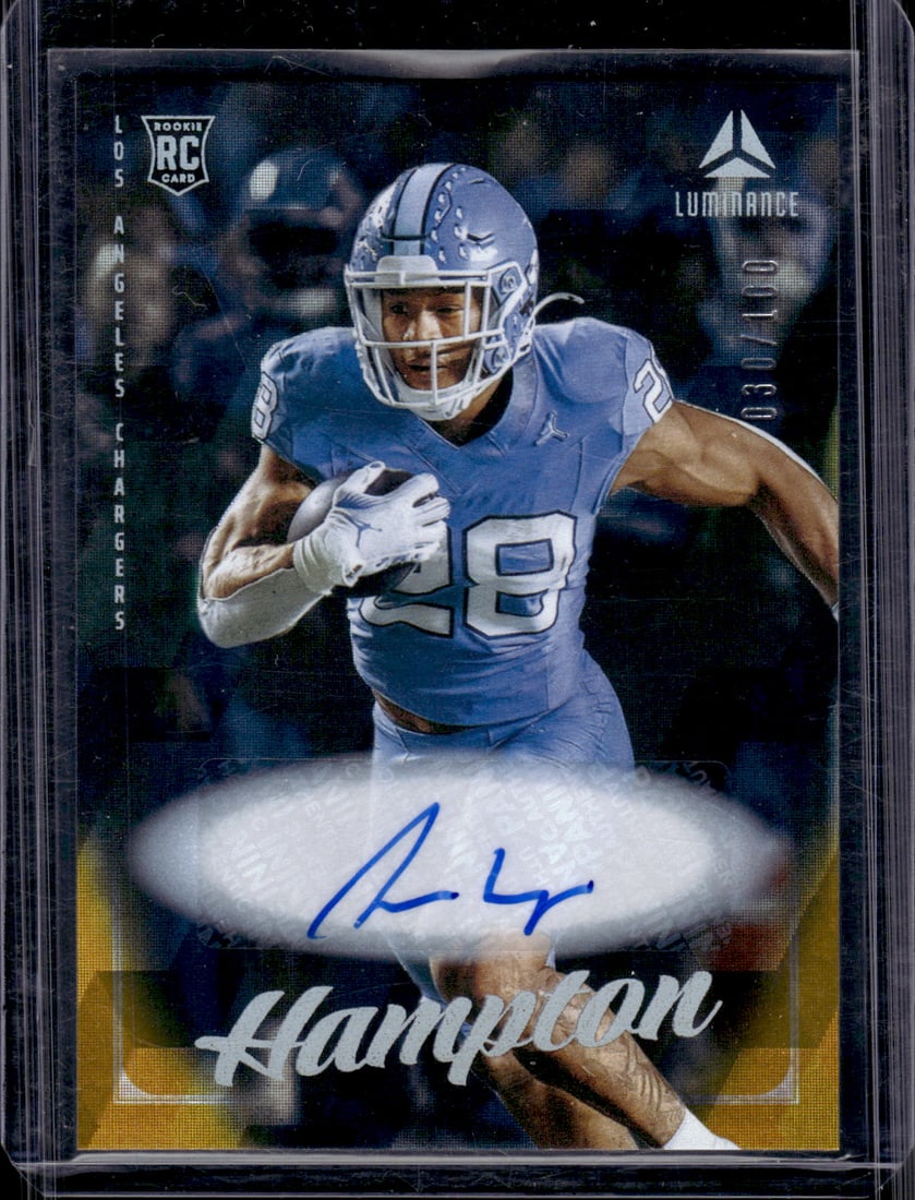 Omarion Hampton Rookie Auto Gold /100 2025 Luminance #111 UNC, Chargers: Panini Select, Prizm, Mosaic, Contenders, Zenith, Phoenix, Illusions, Absolute, Rookie NFL Sports Trading Cards, SP, SSP, Cards, Football Cards for Sale Near Me, Superbowl & Hall of Fame Player Cards,