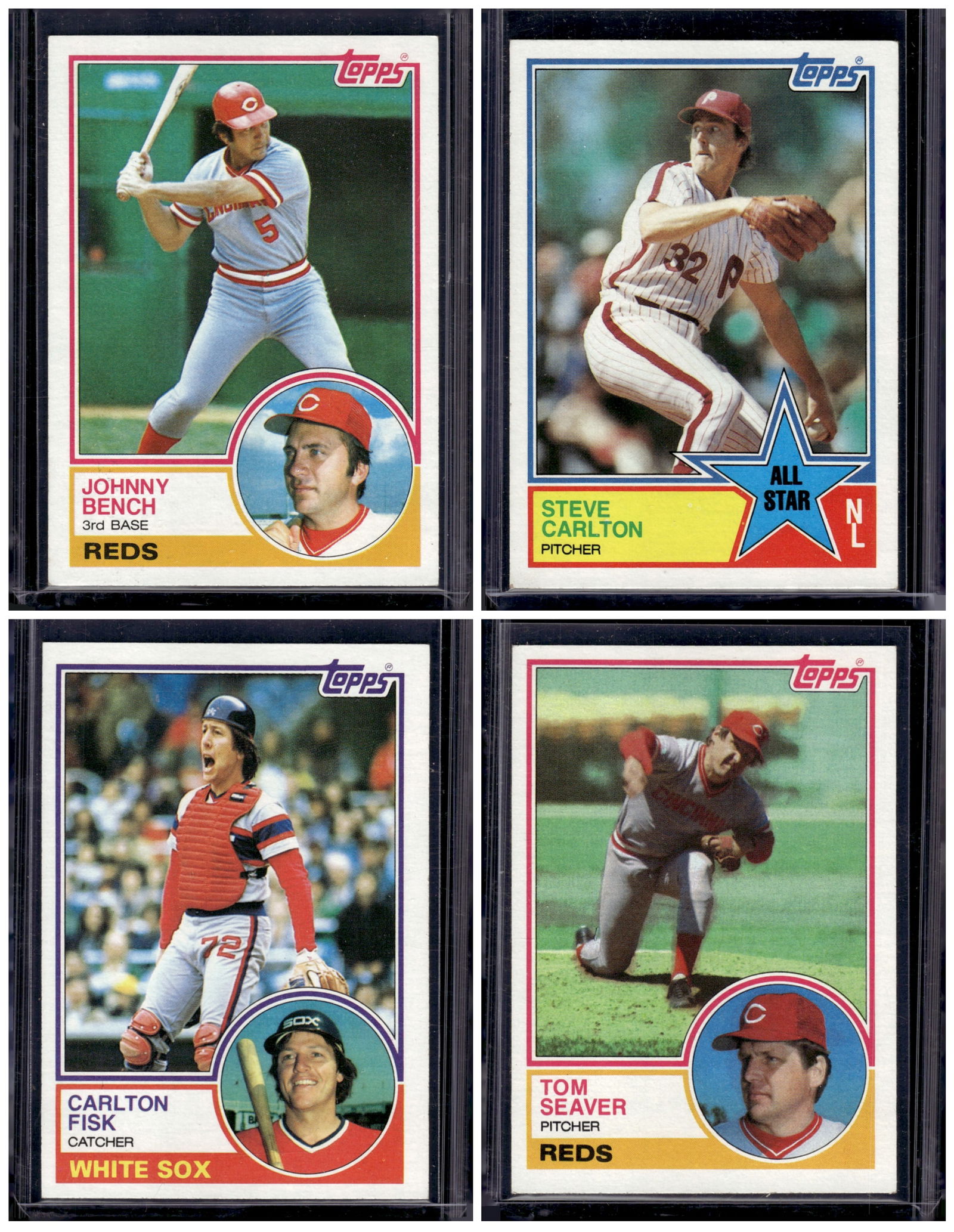 Lot of 4 1983 Topps Baseball Cards. Bench, Carlton, Fisk, Seaver (1 of 2)