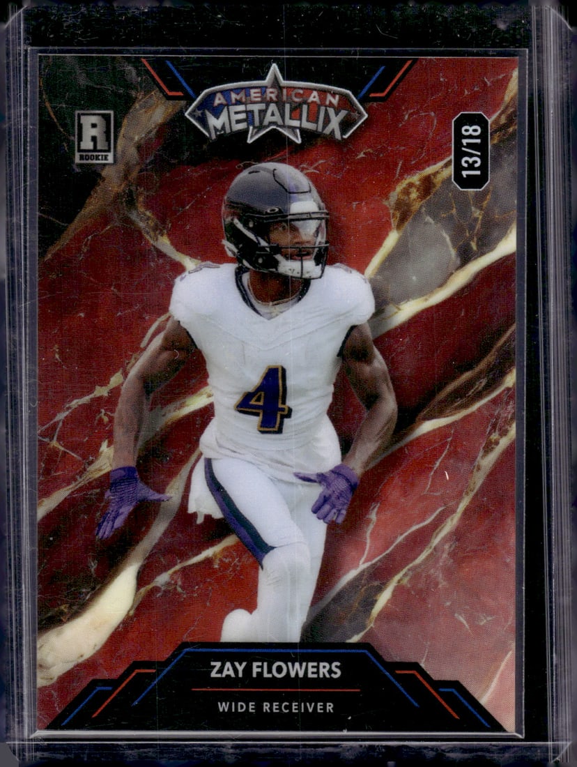 Zay Flowers Rookie Card /18 2023 Wild Card American Metallix #WMM-ZF Ravens: Wild Card, Vintage Football NFL Trading Cards, Old Sports Cards for Sale Near Me, Hall of Fame & Super Bowl Player Cards, Auction Memorabilia Lots for Sale on Line