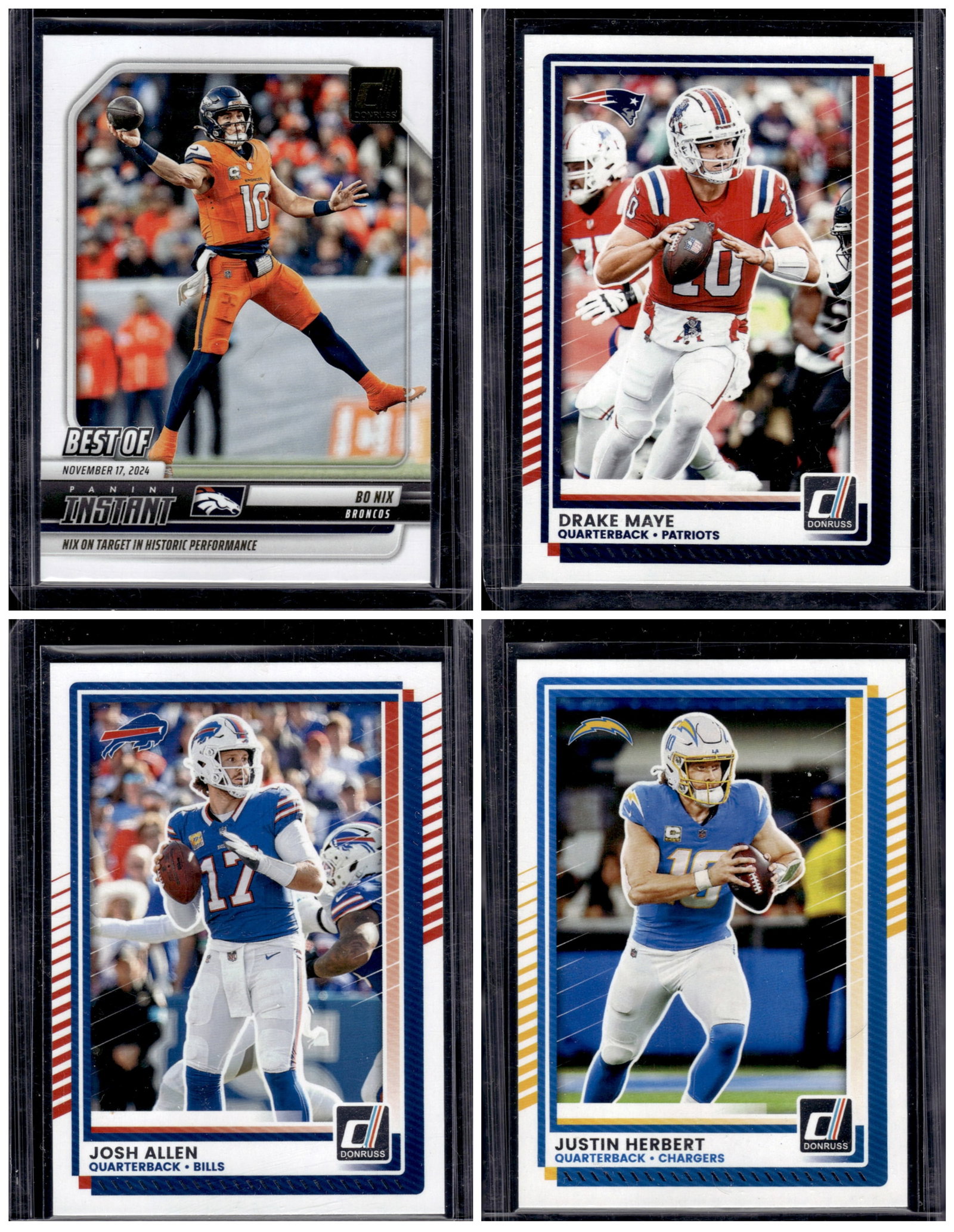Lot of 4 2025 Donruss QB Cards. Bo Nix Instant, Drake Maye, Josh Allen, Justin Herbert: Donruss Football NLF Trading & Sports Cards, Sports Cards for Sale Near Me, Valuable Memorabilia Auction Lots Sold On Line, SP, SSP