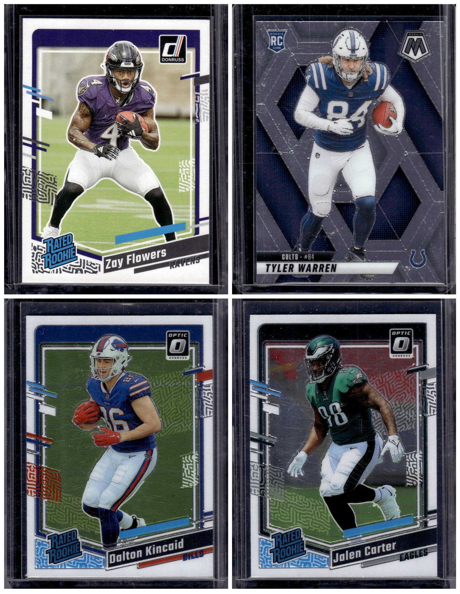 Lot of 4 NFL Rookie Cards. Flowers, Warren, Kincaid, Carter: Panini Select, Prizm, Mosaic, Contenders, Zenith, Phoenix, Illusions, Absolute, Rookie NFL Sports Trading Cards, SP, SSP, Cards, Football Cards for Sale Near Me, Superbowl & Hall of Fame Player Cards,