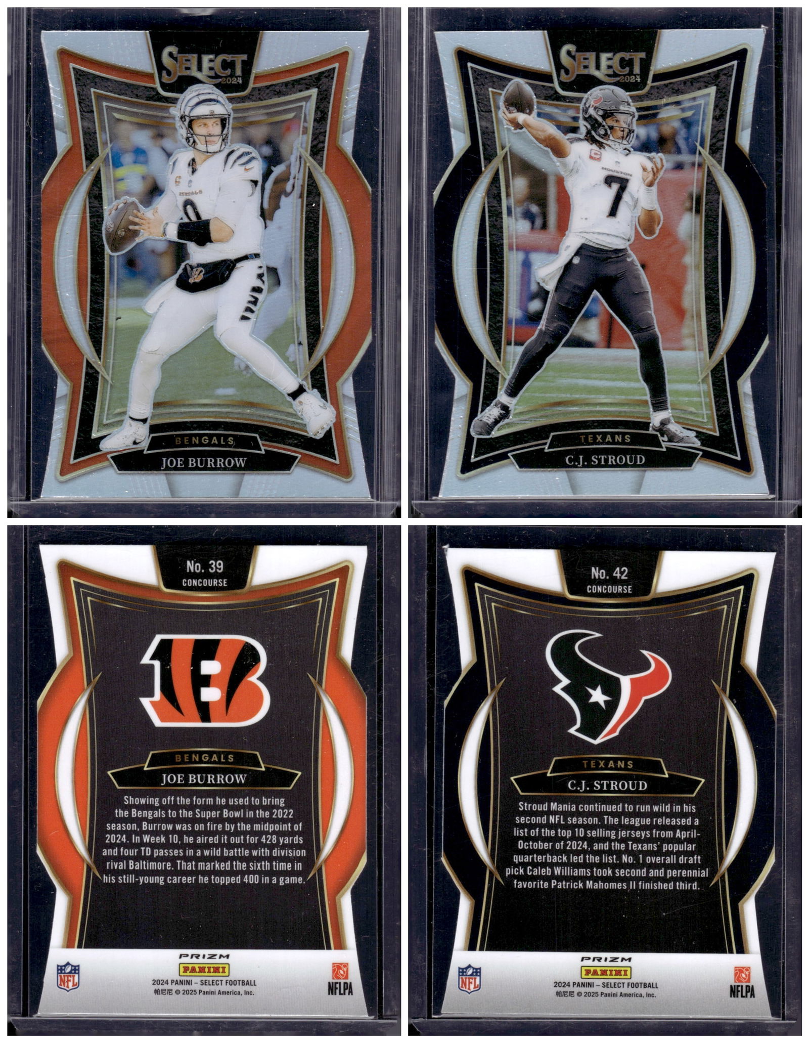 Joe Burrow & Cj Stroud 2024 Select Silver Prizm Die Cuts: Panini Select, Prizm, Mosaic, Contenders, Zenith, Phoenix, Illusions, Absolute, Rookie NFL Sports Trading Cards, SP, SSP, Cards, Football Cards for Sale Near Me, Superbowl & Hall of Fame Player Cards,