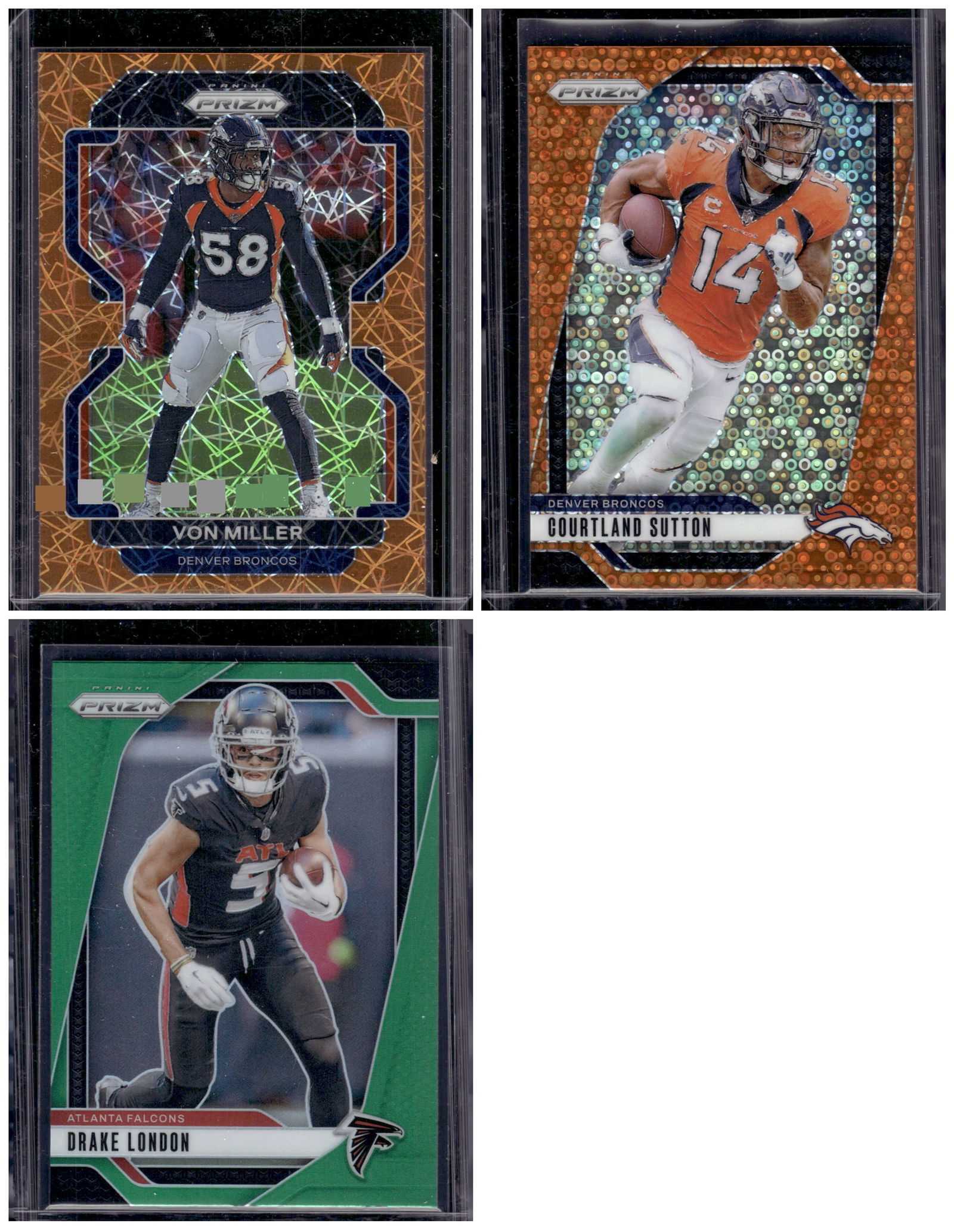 Lot of 3 NFL Prizms. Drake London, Von Miller, Courtland Sutton: Panini Select, Prizm, Mosaic, Contenders, Zenith, Phoenix, Illusions, Absolute, Rookie NFL Sports Trading Cards, SP, SSP, Cards, Football Cards for Sale Near Me, Superbowl & Hall of Fame Player Cards,
