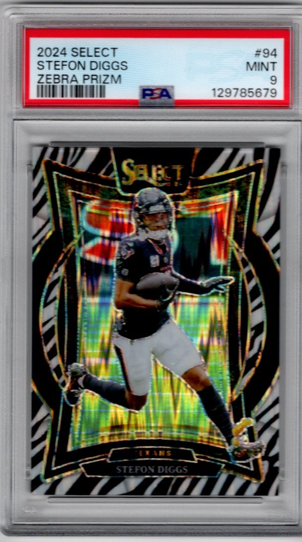 Stefon Diggs Zebra Prizm SSP Case Hit 2024 Select #94 PSA 9 Texans, Patriots: Panini Select, Prizm, Mosaic, Contenders, Zenith, Phoenix, Illusions, Absolute, Rookie NFL Sports Trading Cards, SP, SSP, Cards, Football Cards for Sale Near Me, Superbowl & Hall of Fame Player Cards,