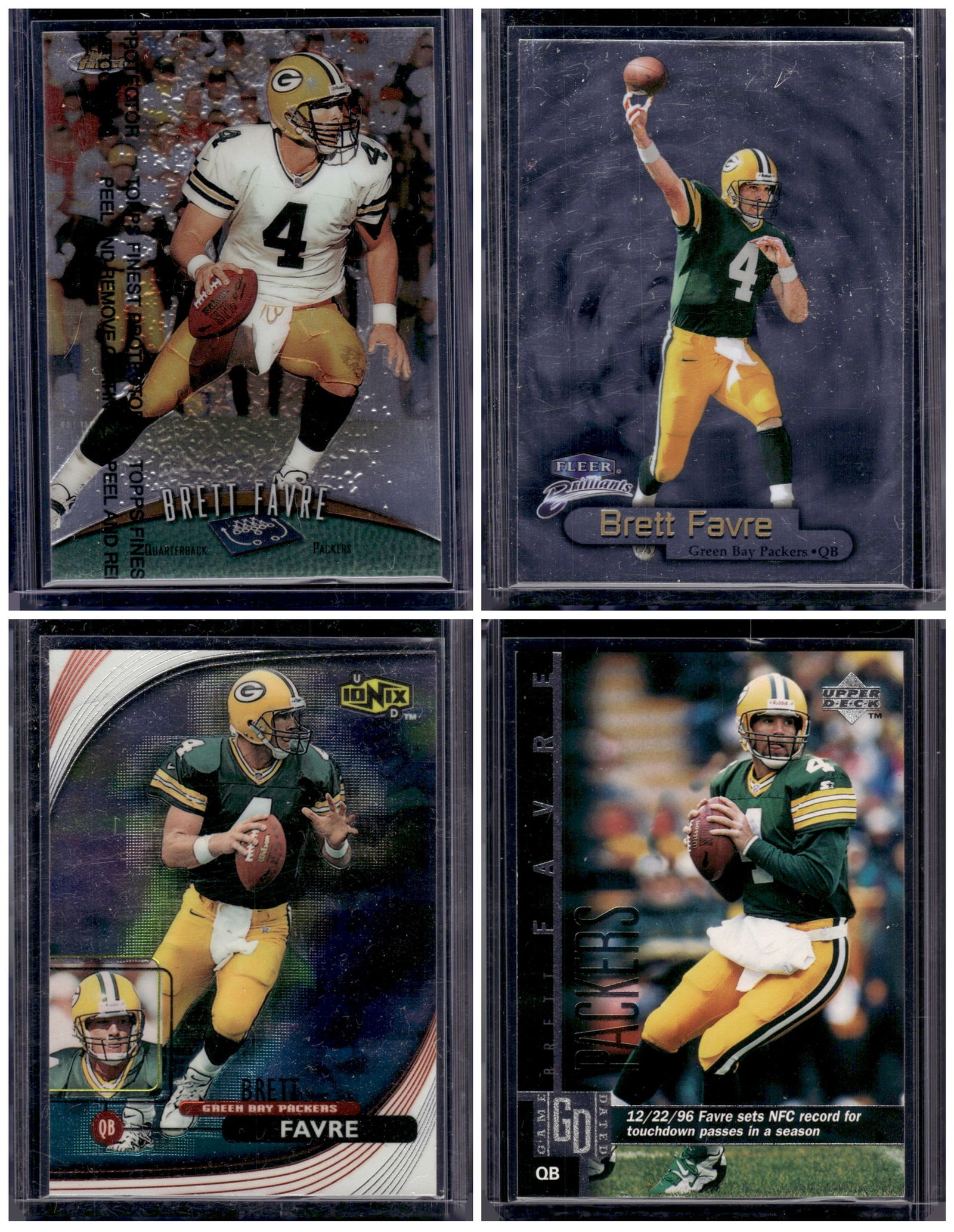 Lot of 4 1990s Brett Favre Football Cards. All Different, See Pictures: Panini Select, Prizm, Mosaic, Contenders, Zenith, Phoenix, Illusions, Absolute, Rookie NFL Sports Trading Cards, SP, SSP, Cards, Football Cards for Sale Near Me, Superbowl & Hall of Fame Player Cards,