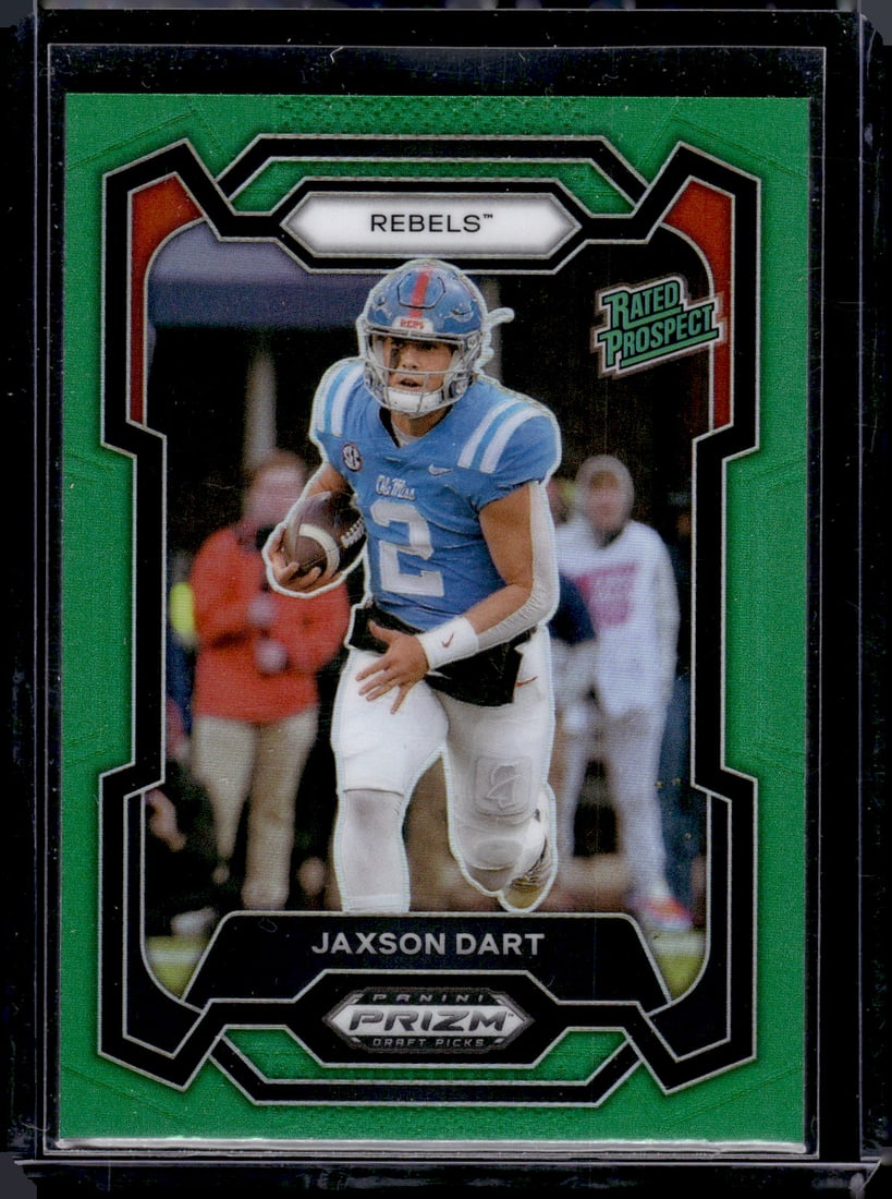 Jaxson Dart Rated Prospect Green Prizm 2024 Prizm Draft Picks #147 Ole Miss, Giants: Panini Select, Prizm, Mosaic, Contenders, Zenith, Phoenix, Illusions, Absolute, Rookie NFL Sports Trading Cards, SP, SSP, Cards, Football Cards for Sale Near Me, Superbowl & Hall of Fame Player Cards,