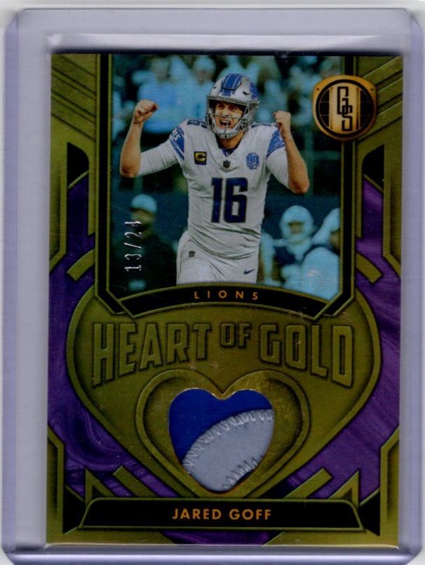 Jared Goff Heart of Gold Patch /24 2024 Gold Standard #HOGT-JGF Detroit Lions: Panini Select, Prizm, Mosaic, Contenders, Zenith, Phoenix, Illusions, Absolute, Rookie NFL Sports Trading Cards, SP, SSP, Cards, Football Cards for Sale Near Me, Superbowl & Hall of Fame Player Cards,