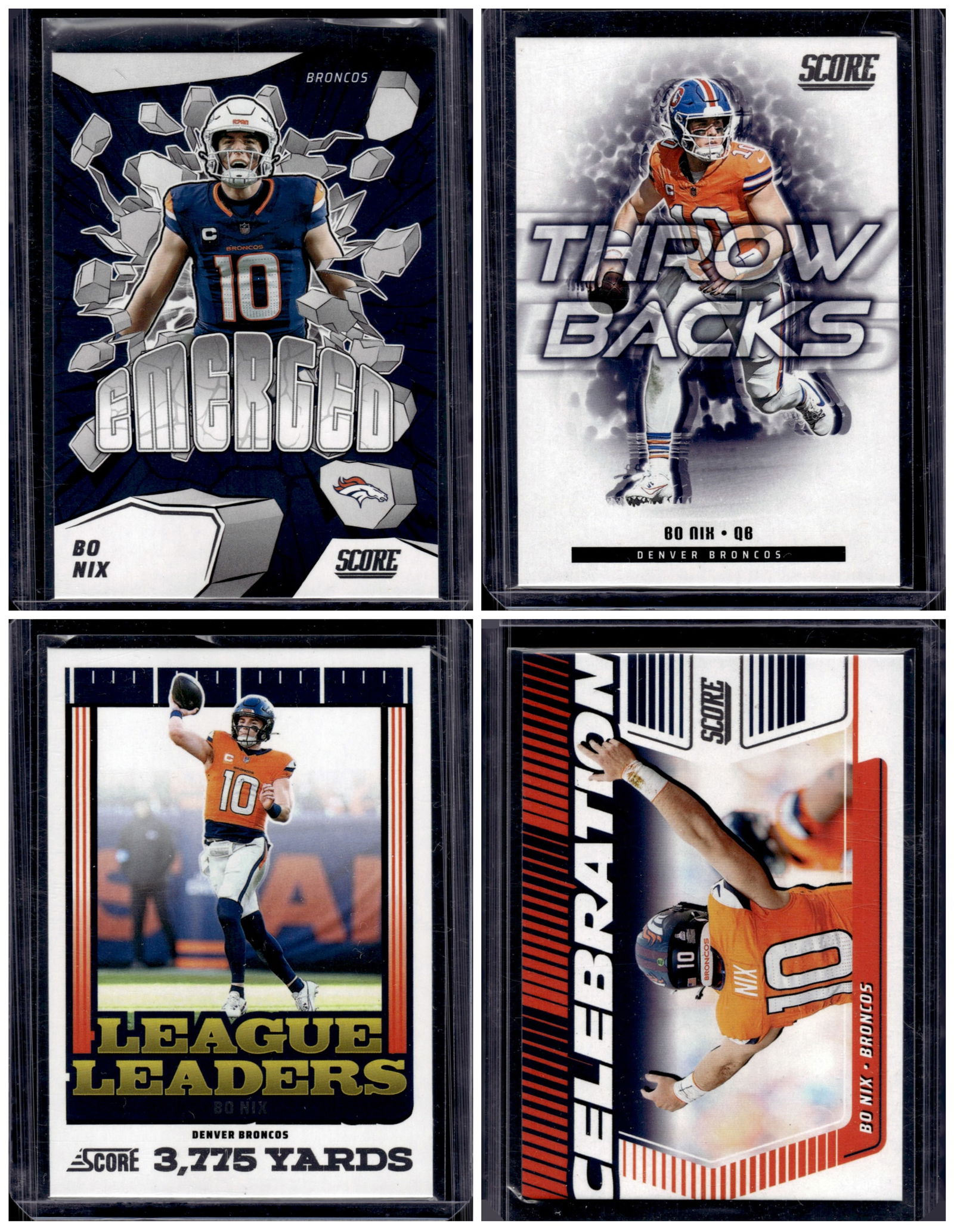 Lot of 4 Bo Nix 2025 Panini Score 2nd Year Inserts. All Different, See Pictures: Panini Select, Prizm, Mosaic, Contenders, Zenith, Phoenix, Illusions, Absolute, Rookie NFL Sports Trading Cards, SP, SSP, Cards, Football Cards for Sale Near Me, Superbowl & Hall of Fame Player Cards,