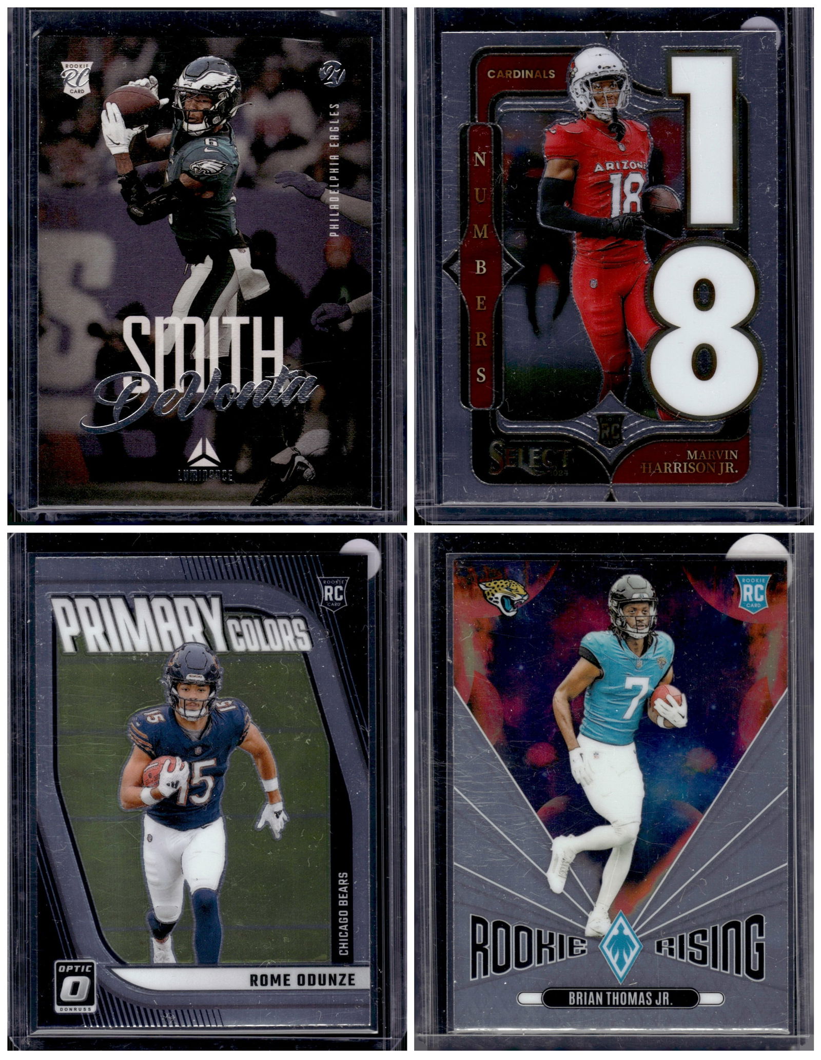 Lot of 4 NFL Rookie Cards. DeVonta Smith, Marvin Harrison Jr., Rome Odunze, Thomas Jr.: Panini Select, Prizm, Mosaic, Contenders, Zenith, Phoenix, Illusions, Absolute, Rookie NFL Sports Trading Cards, SP, SSP, Cards, Football Cards for Sale Near Me, Superbowl & Hall of Fame Player Cards,
