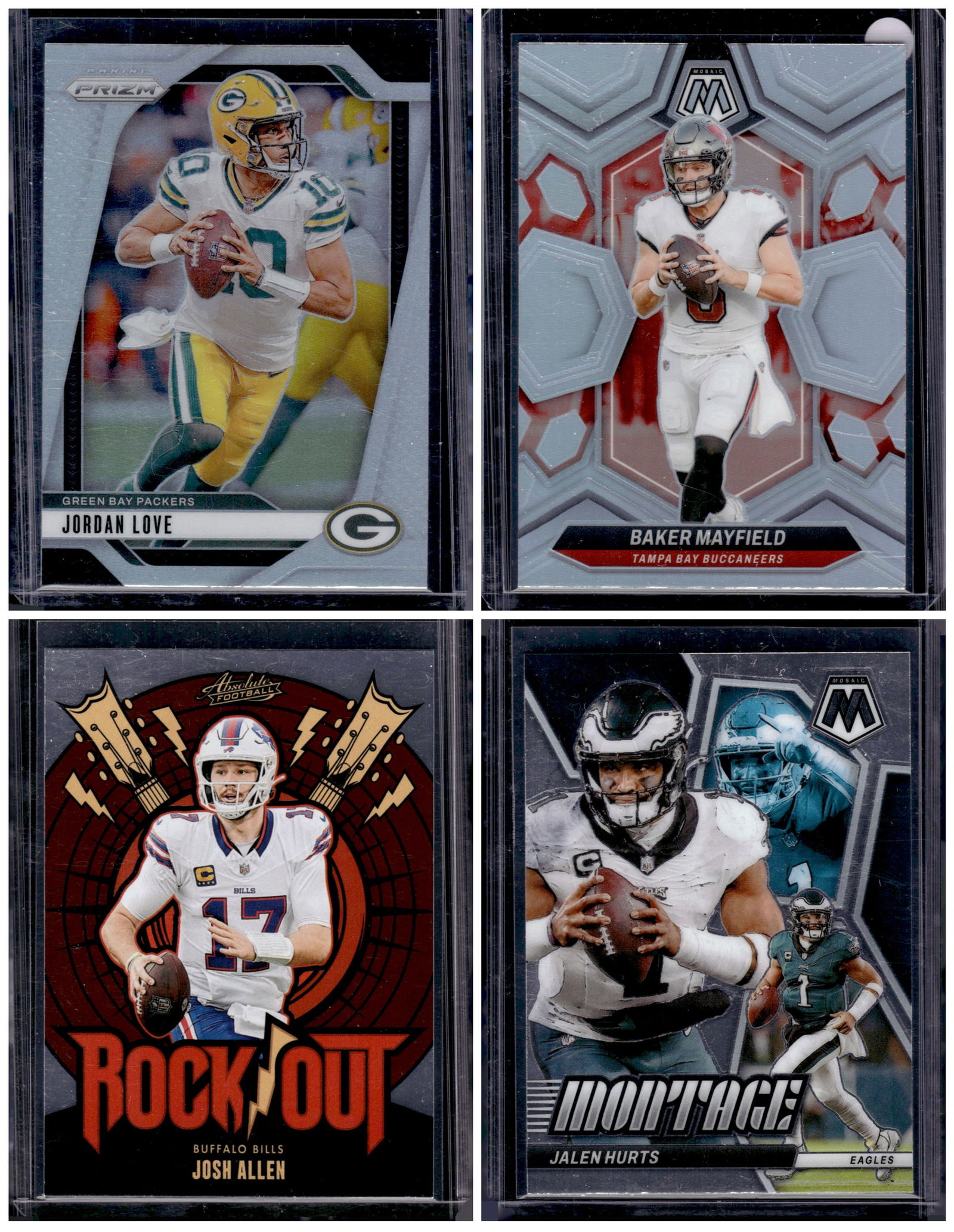 Lot of 4 NFL QB Silvers & Inserts. Jordan Love, Baker Mayfield, Josh Allen, Jalen Hurts: Panini Select, Prizm, Mosaic, Contenders, Zenith, Phoenix, Illusions, Absolute, Rookie NFL Sports Trading Cards, SP, SSP, Cards, Football Cards for Sale Near Me, Superbowl & Hall of Fame Player Cards,