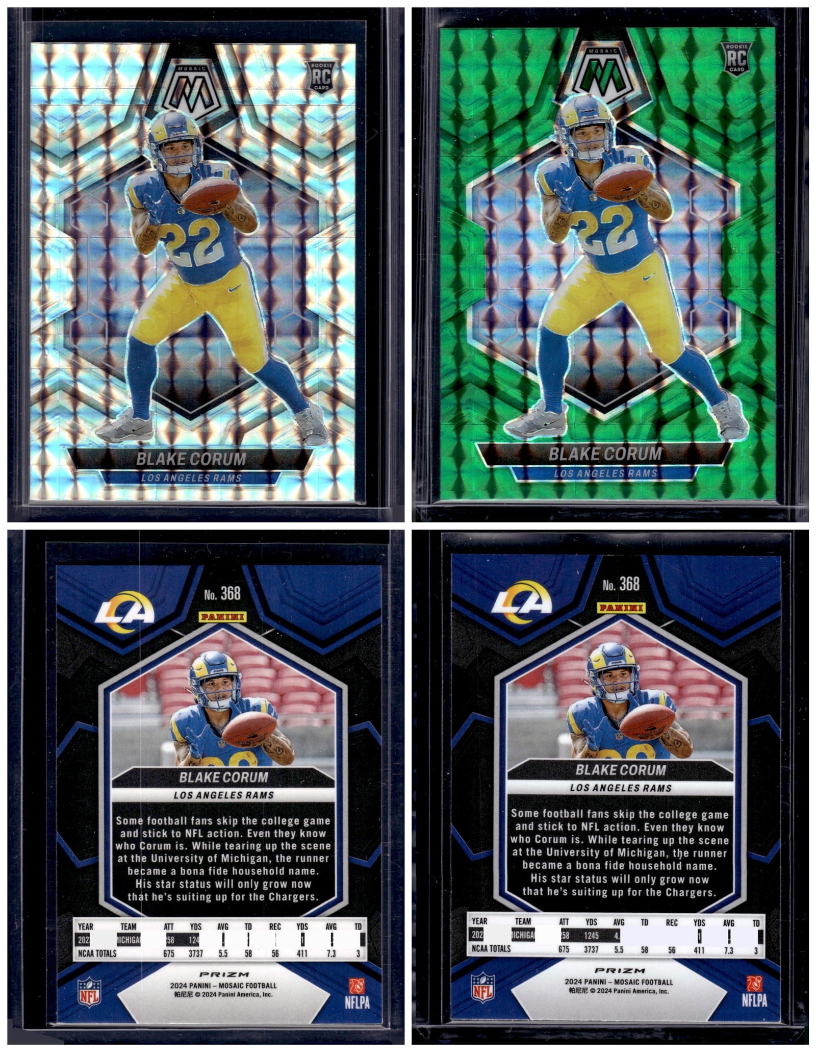 Lot of 2 Blake Corum Mosaic Prizm Rookie Cards. Silver Mosaic & Green Mosaic: Panini Select, Prizm, Mosaic, Contenders, Zenith, Phoenix, Illusions, Absolute, Rookie NFL Sports Trading Cards, SP, SSP, Cards, Football Cards for Sale Near Me, Superbowl & Hall of Fame Player Cards,