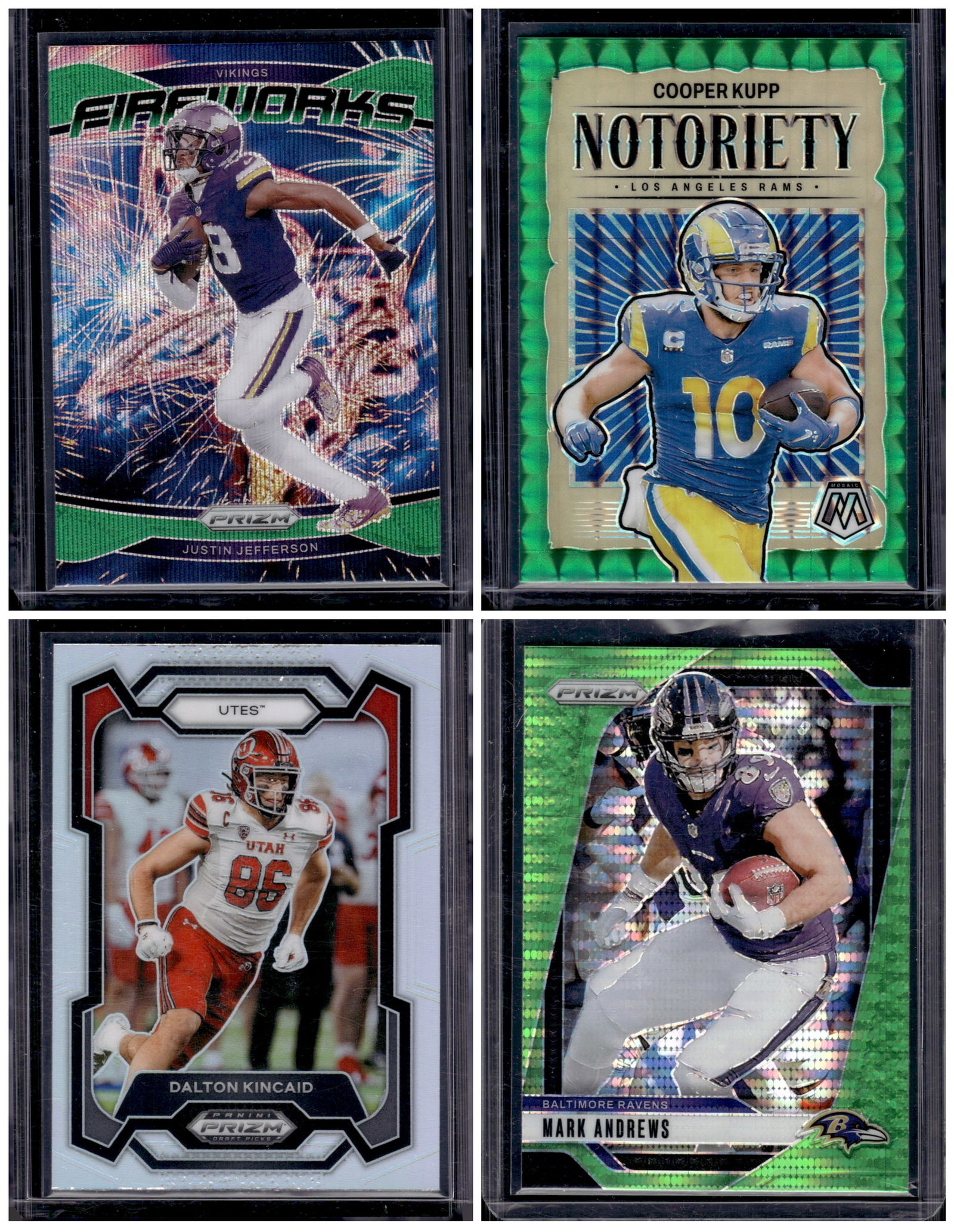 Lot of 4 NFL Prizms/Silvers. Justin Jefferson, Kupp, Kincaid, Andrews: Panini Select, Prizm, Mosaic, Contenders, Zenith, Phoenix, Illusions, Absolute, Rookie NFL Sports Trading Cards, SP, SSP, Cards, Football Cards for Sale Near Me, Superbowl & Hall of Fame Player Cards,
