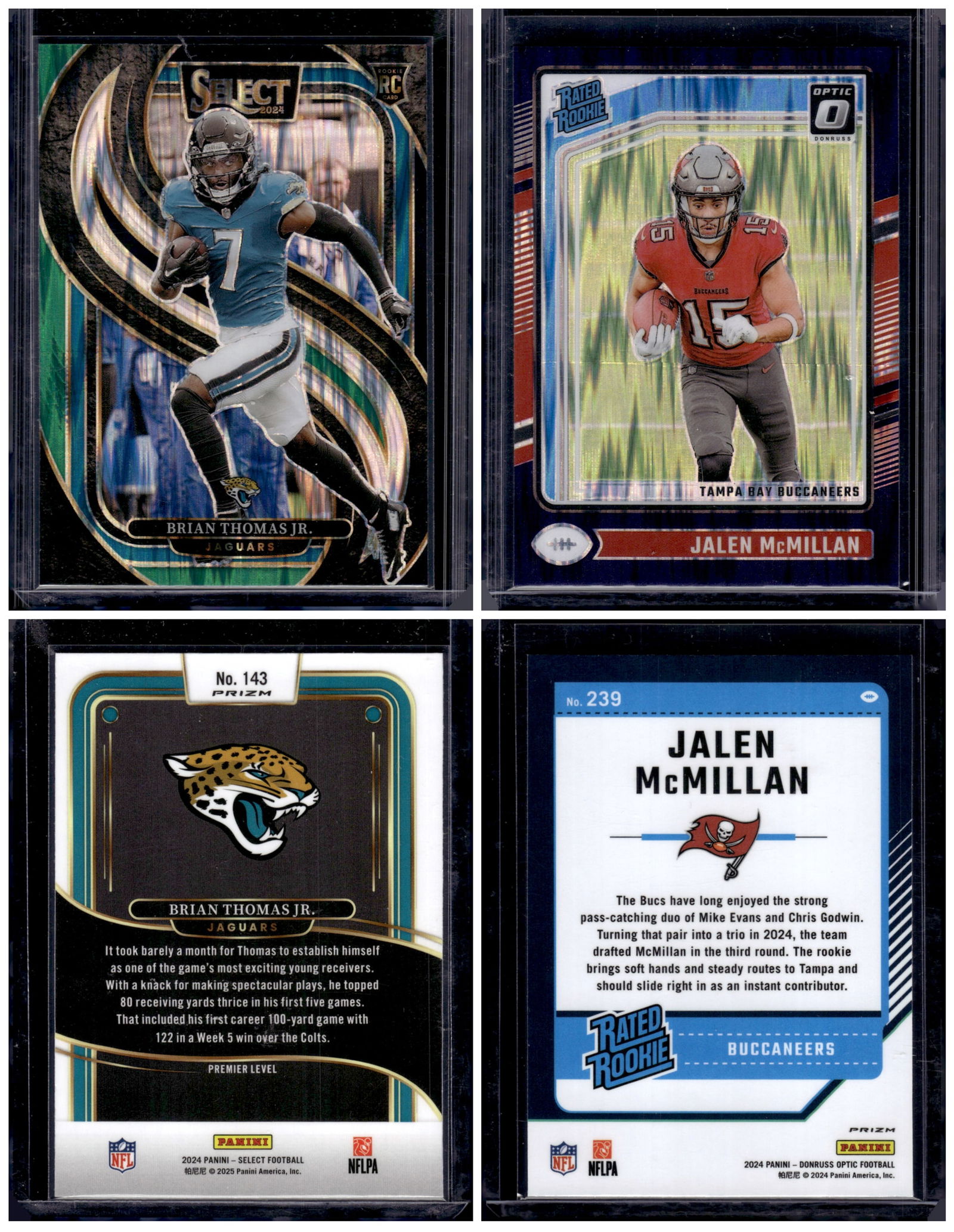 Lot of 2 NFL Rookies. Brian Thomas Jr. Green/Black Shock & Jalen McMillan Purple Shock: Panini Select, Prizm, Mosaic, Contenders, Zenith, Phoenix, Illusions, Absolute, Rookie NFL Sports Trading Cards, SP, SSP, Cards, Football Cards for Sale Near Me, Superbowl & Hall of Fame Player Cards,