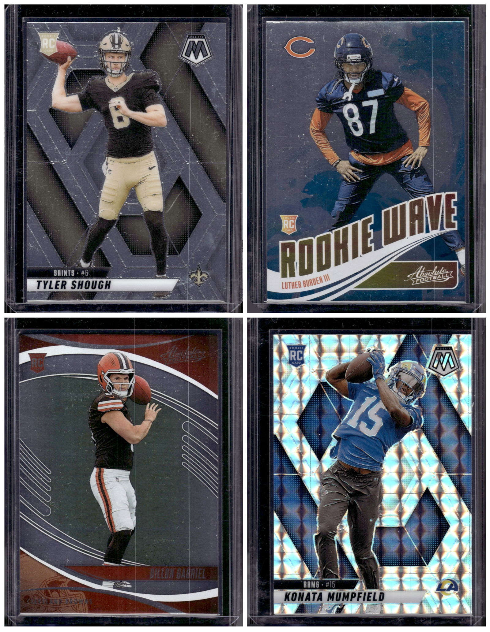 Lot of 4 2025 NFL Rookie Cards. Shough, Burden III, Gabriel, Mumpfield Silver Mosaic: Panini Select, Prizm, Mosaic, Contenders, Zenith, Phoenix, Illusions, Absolute, Rookie NFL Sports Trading Cards, SP, SSP, Cards, Football Cards for Sale Near Me, Superbowl & Hall of Fame Player Cards,