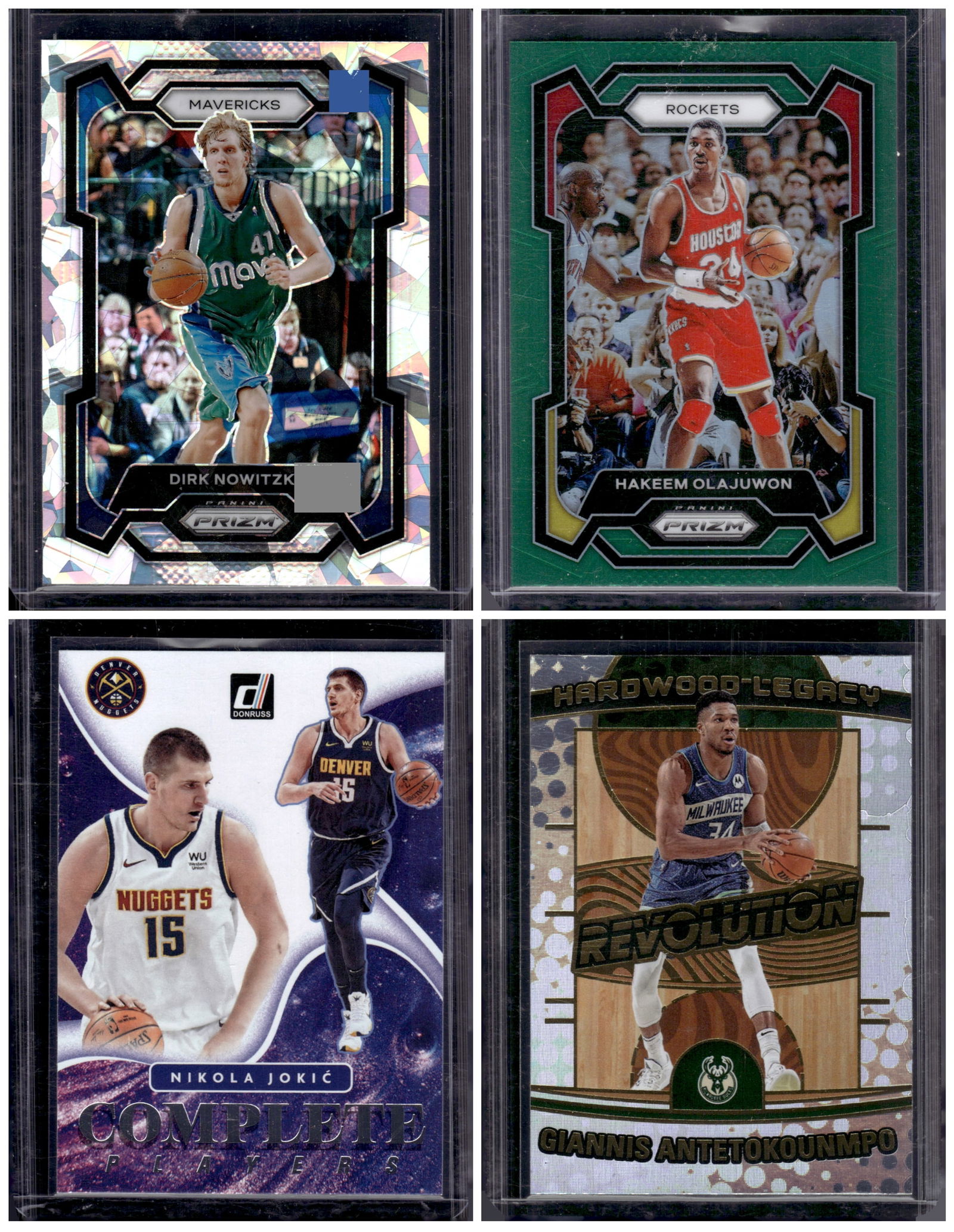 Lot of 4 NBA Prizms/Inserts. Dirk Nowitzki, Olajuwon, Nikola Jokic, Antetokounmpo (1 of 2)