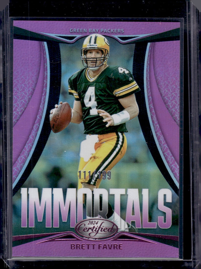 Brett Favre Immortals Pink /199 2024 Panini Certified #4 Green Bay Packers: Panini Select, Prizm, Mosaic, Contenders, Zenith, Phoenix, Illusions, Absolute, Rookie NFL Sports Trading Cards, SP, SSP, Cards, Football Cards for Sale Near Me, Superbowl & Hall of Fame Player Cards,