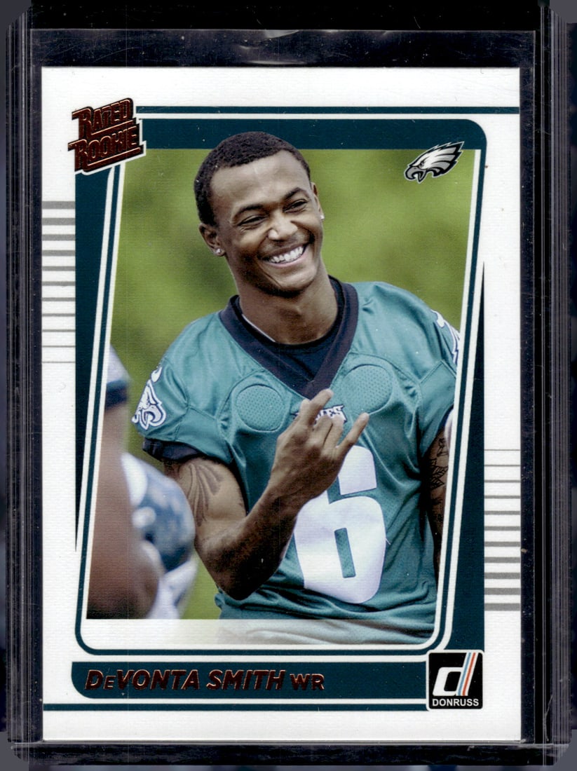 DeVonta Smith Rookie Card Portrait 2021 Donruss #261 Philadelphia Eagles: Panini Select, Prizm, Mosaic, Contenders, Zenith, Phoenix, Illusions, Absolute, Rookie NFL Sports Trading Cards, SP, SSP, Cards, Football Cards for Sale Near Me, Superbowl & Hall of Fame Player Cards,