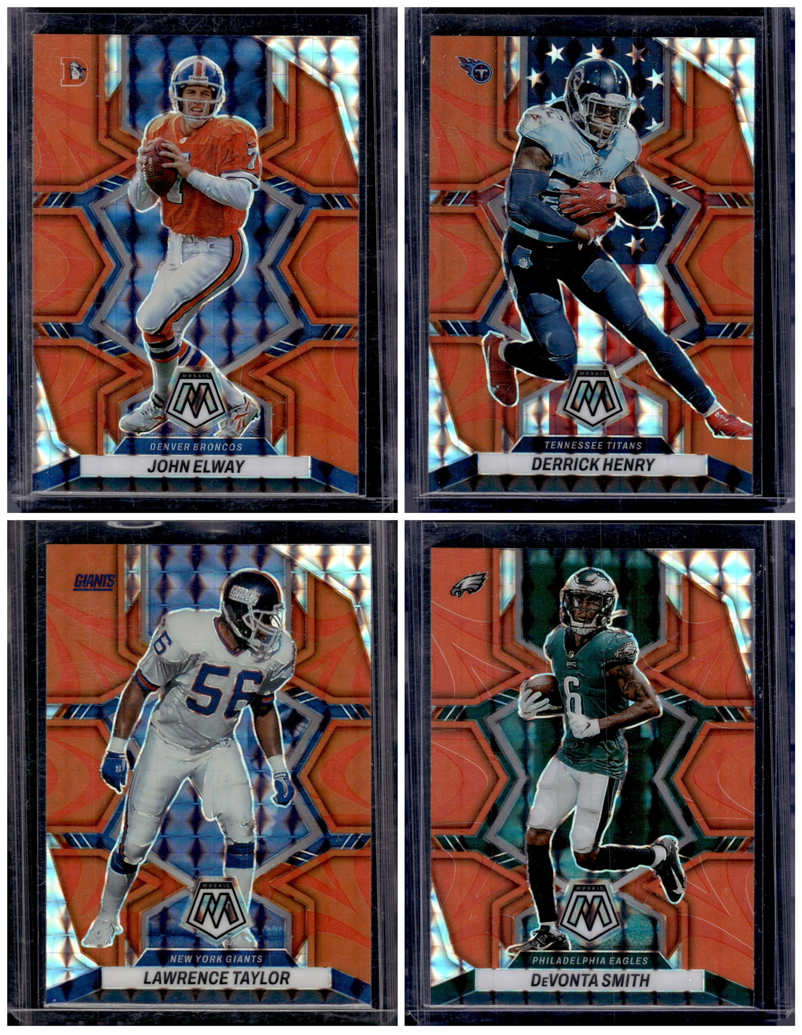 Lot of 4 2022 Mosaic NFL Orange Reactive Prizms. Elway, Henry, Taylor, Smith (1 of 2)