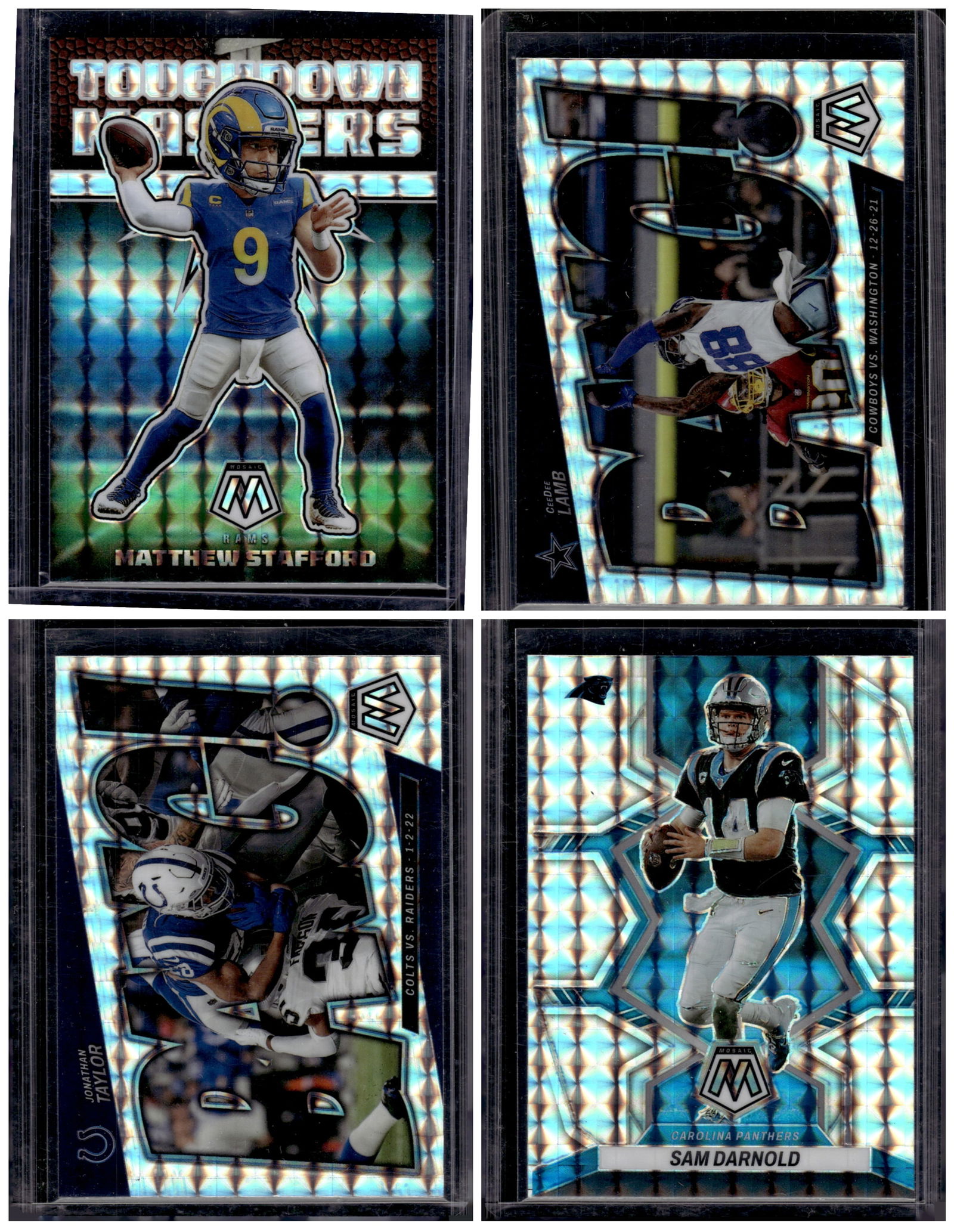 Lot of 4 2022 Mosaic NFL Silver Mosaic Prizms. Stafford, Lamb, Taylor, Darnold: Panini Select, Prizm, Mosaic, Contenders, Zenith, Phoenix, Illusions, Absolute, Rookie NFL Sports Trading Cards, SP, SSP, Cards, Football Cards for Sale Near Me, Superbowl & Hall of Fame Player Cards,