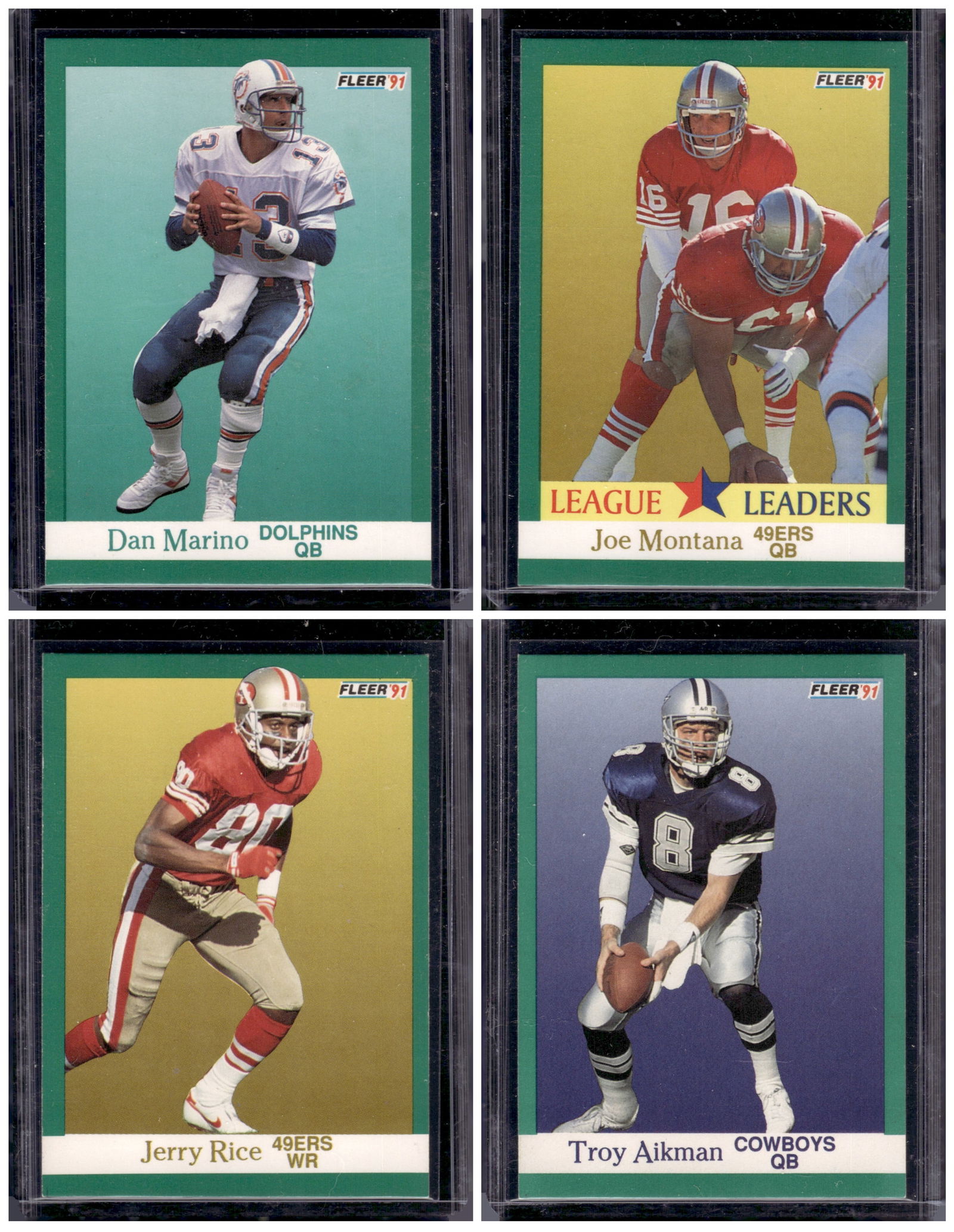 Lot of 4 1991 Fleer Football Cards. Dan Marino, Joe Montana, Jerry Rice, Troy Aikman (1 of 2)