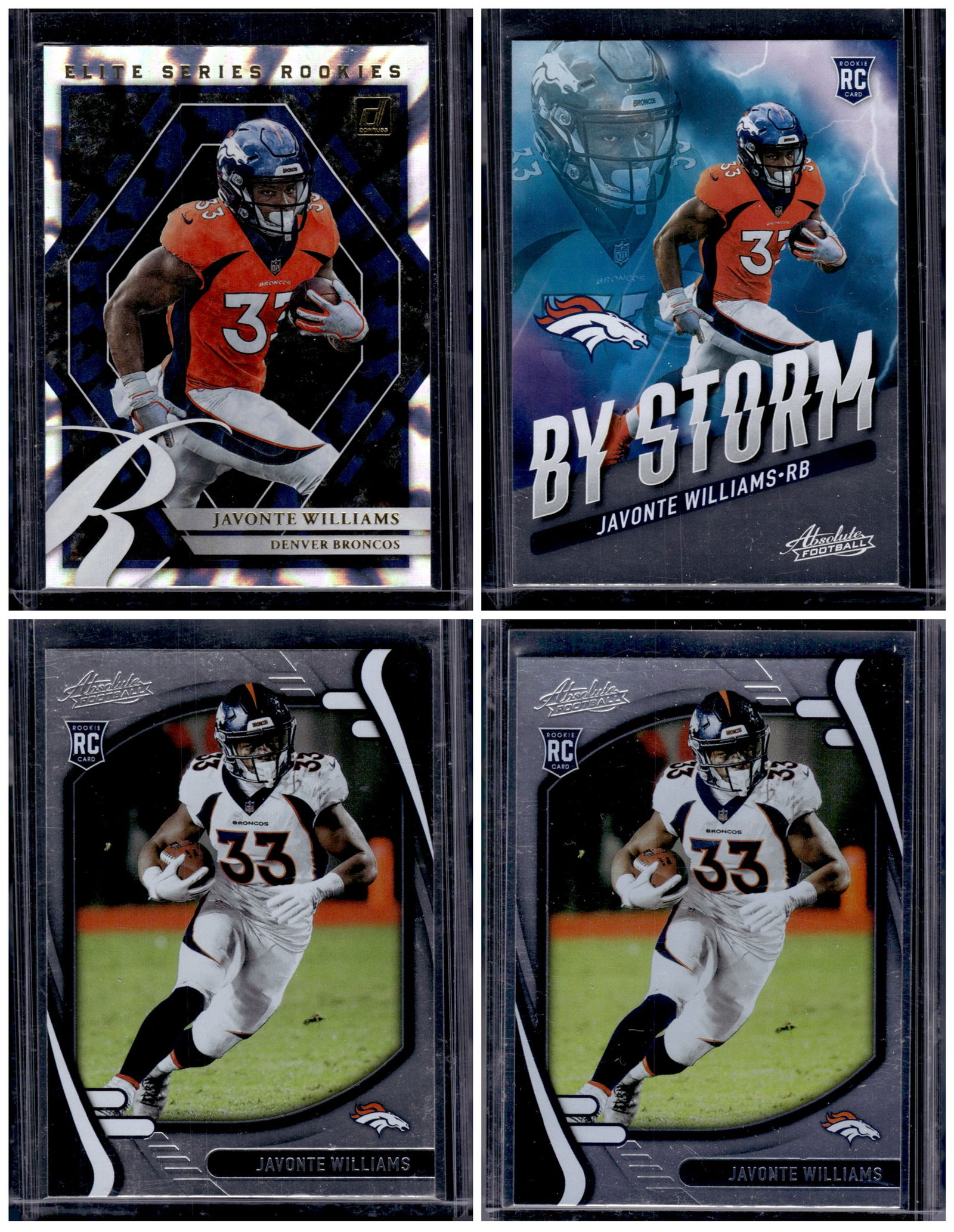 Lot of 4 Javonte Williams Rookie Cards Donruss & Absolute. Broncos, Cowboys: Panini Select, Prizm, Mosaic, Contenders, Zenith, Phoenix, Illusions, Absolute, Rookie NFL Sports Trading Cards, SP, SSP, Cards, Football Cards for Sale Near Me, Superbowl & Hall of Fame Player Cards,
