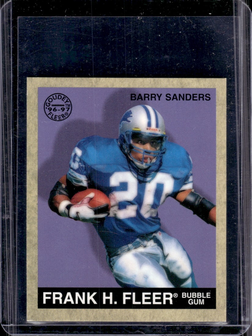 Barry Sanders 1997 Fleer Goudey #102 Detroit Lions: Fleer Vintage Football NFL Trading Cards, Old Sports Cards for Sale Near Me, Hall of Fame & Super Bowl Player Cards, Auction Memorabilia Lots for Sale on Line