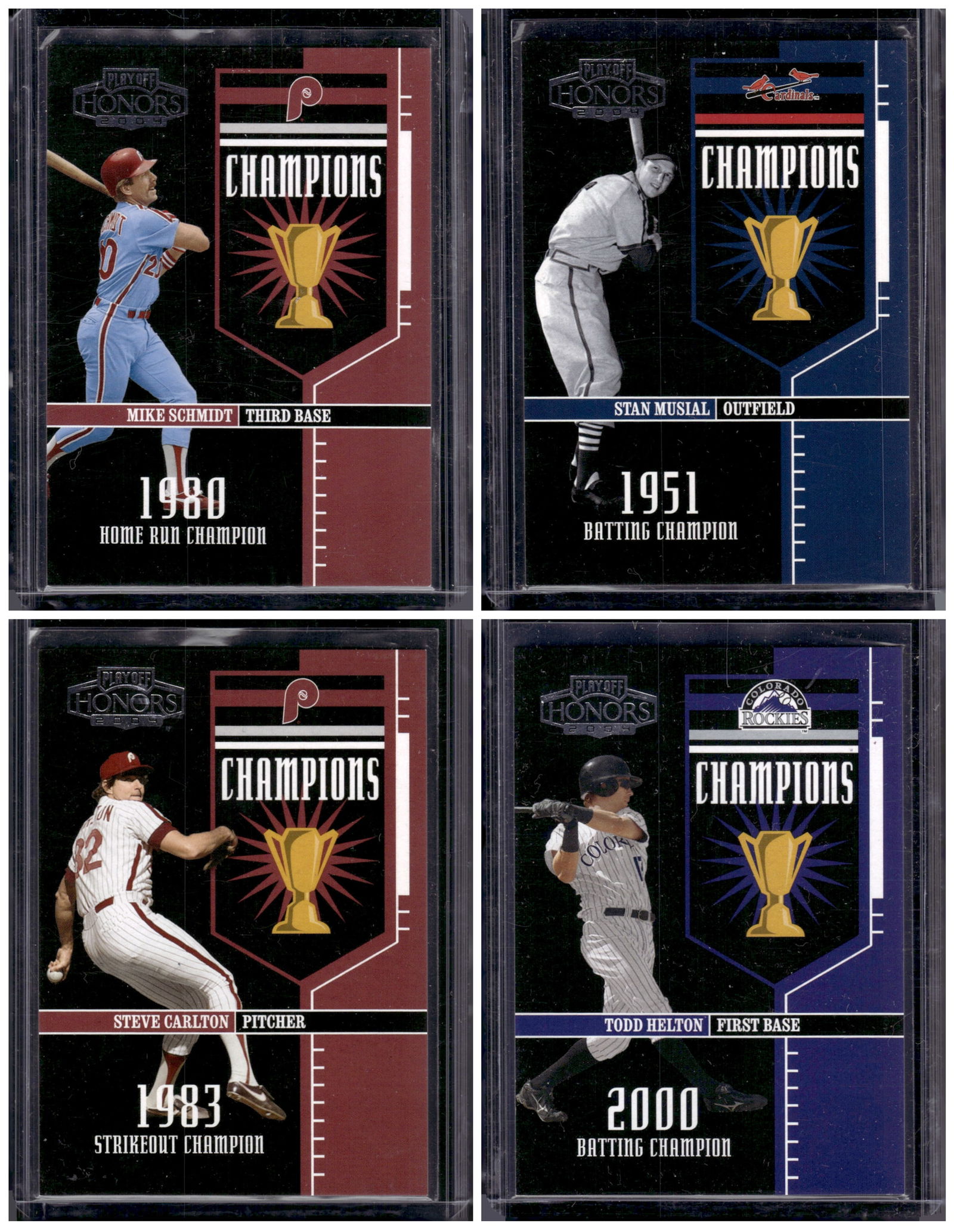 Lot of 4 2004 Playoff Honors Numbered Baseball Cards. Schmidt, Musial, Carlton, Helton (1 of 2)