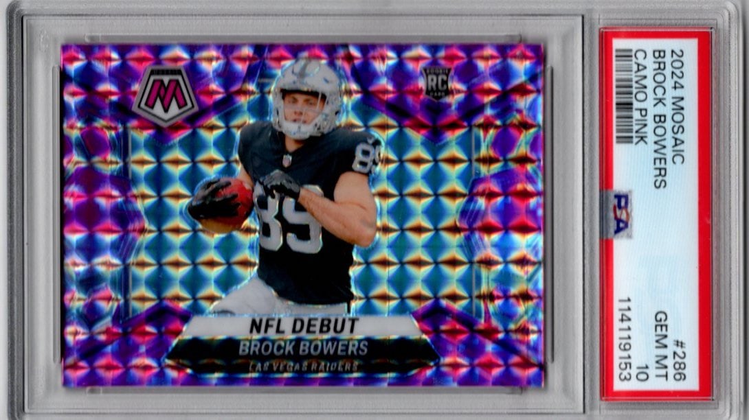 Brock Bowers Rookie Card Pink Camo 2024 Mosaic #286 PSA 10 Las Vegas Raiders: Panini Select, Prizm, Mosaic, Contenders, Zenith, Phoenix, Illusions, Absolute, Rookie NFL Sports Trading Cards, SP, SSP, Cards, Football Cards for Sale Near Me, Superbowl & Hall of Fame Player Cards,