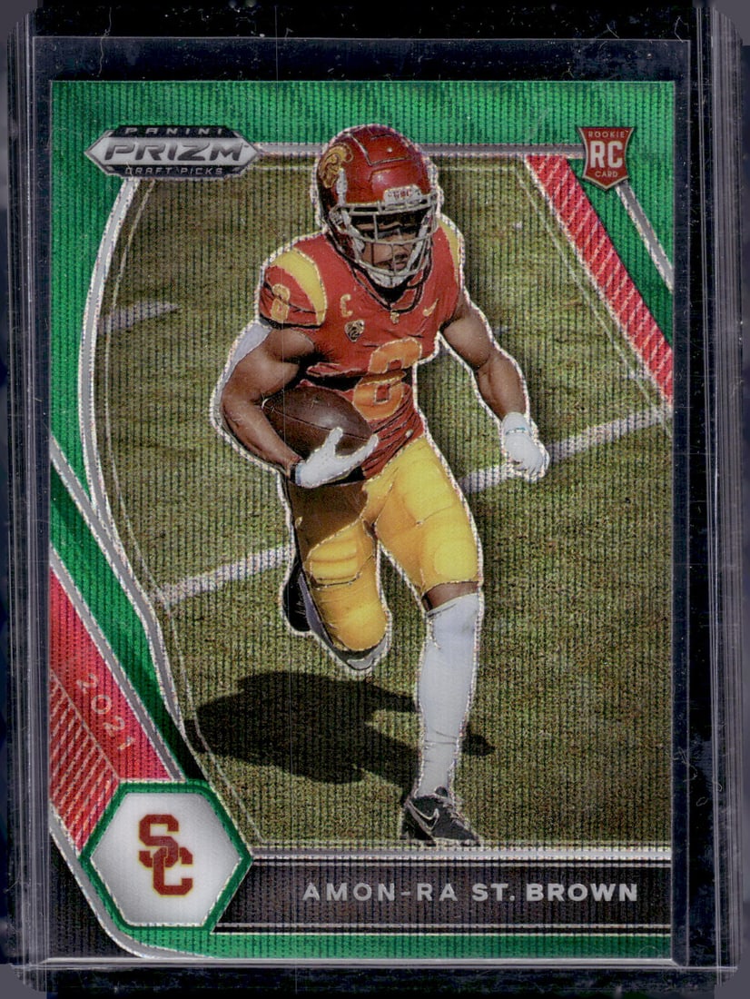 Amon-Ra St. Brown Rookie Card Green Wave Prizm 2021 Prizm Draft Picks #133: Panini Select, Prizm, Mosaic, Contenders, Zenith, Phoenix, Illusions, Absolute, Rookie NFL Sports Trading Cards, SP, SSP, Cards, Football Cards for Sale Near Me, Superbowl & Hall of Fame Player Cards,