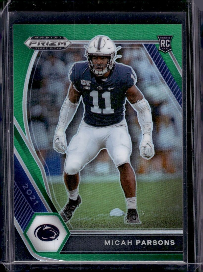 Micah Parsons Rookie Card Green Prizm 2021 Prizm Draft Picks #136 PSU, Cowboys: Panini Select, Prizm, Mosaic, Contenders, Zenith, Phoenix, Illusions, Absolute, Rookie NFL Sports Trading Cards, SP, SSP, Cards, Football Cards for Sale Near Me, Superbowl & Hall of Fame Player Cards,
