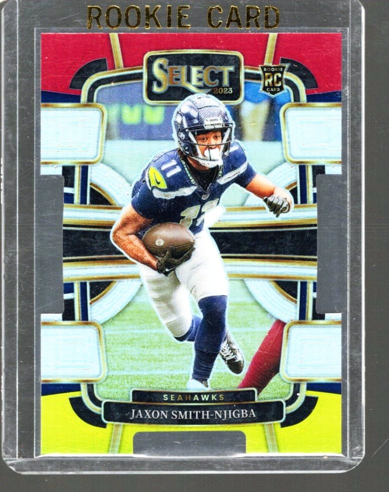 Jaxon Smith-Njigba Rookie Card Red & Yellow Prizm Die-Cut 2023 Panini Select #87: Panini Select, Prizm, Mosaic, Contenders, Revolution, Phoenix, NBA Hoops, Rookie NFL Sports Trading Cards, Silver, SP, SSP, Wave Prizms, Numbered Cards, Basketball sports Cards for Sale Near Me, NBA C