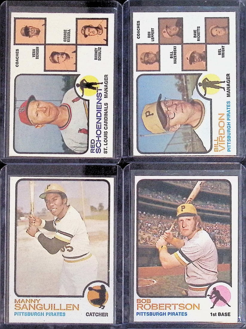 4 1973 Topps MLB Trading Cards Red Schoendienst, Bill Virdon, Manny Sanguillen, & Bob Robertson (1 of 2)