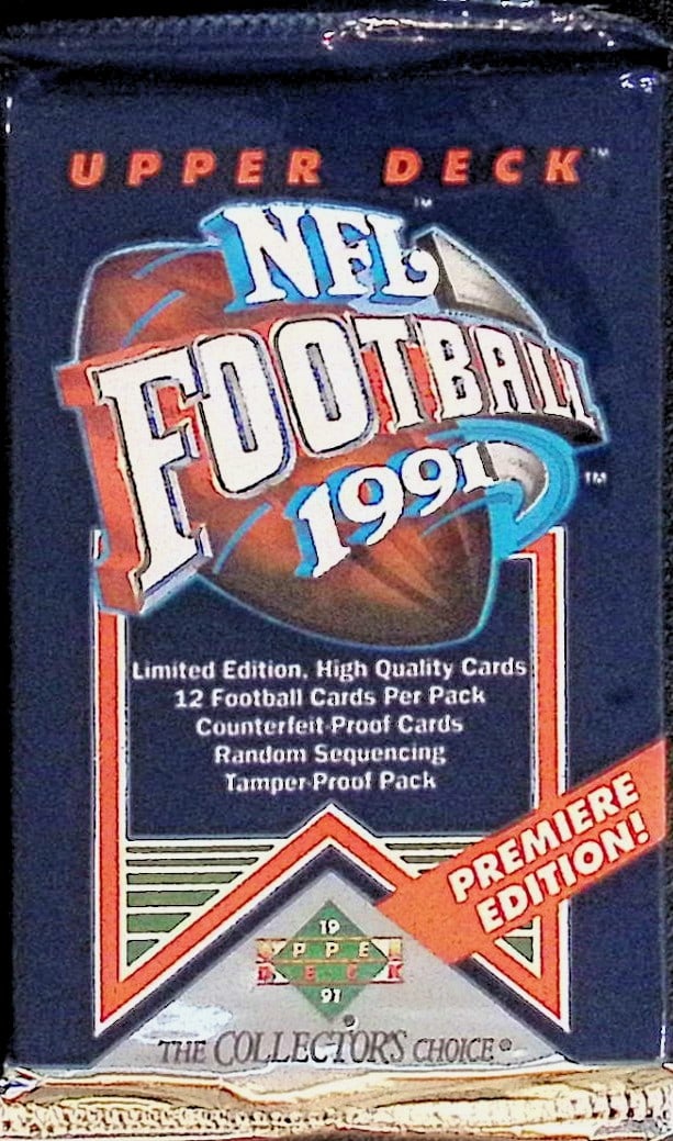 1991 Upper Deck Premier Edition Football Cards Retail Box Wax Pack, Sports Cards: Upper Deck Football NFL Trading & Sports Cards, John Elway, Bo Jackson, Jerry Rice, Dan Marino, Deion Sanders, Old Sports Cards for Sale Near Me, Vintage Valuable Auction Commemorative Lots for Sale O