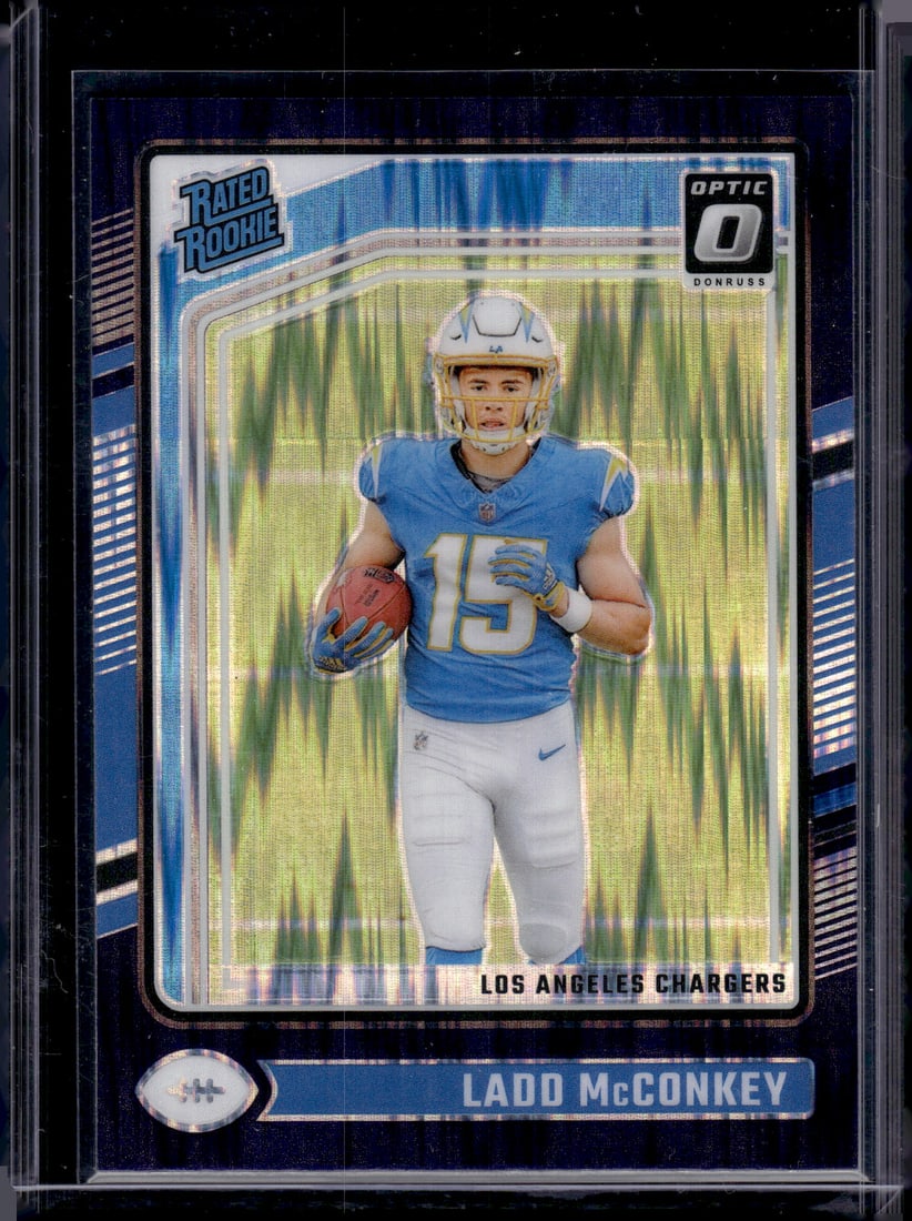Ladd McConkey Rookie Card Purple Shock Prizm 2024 Donruss Optic #266 Chargers: Panini Select, Prizm, Mosaic, Contenders, Zenith, Phoenix, Illusions, Absolute, Rookie NFL Sports Trading Cards, SP, SSP, Cards, Football Cards for Sale Near Me, Superbowl & Hall of Fame Player Cards,