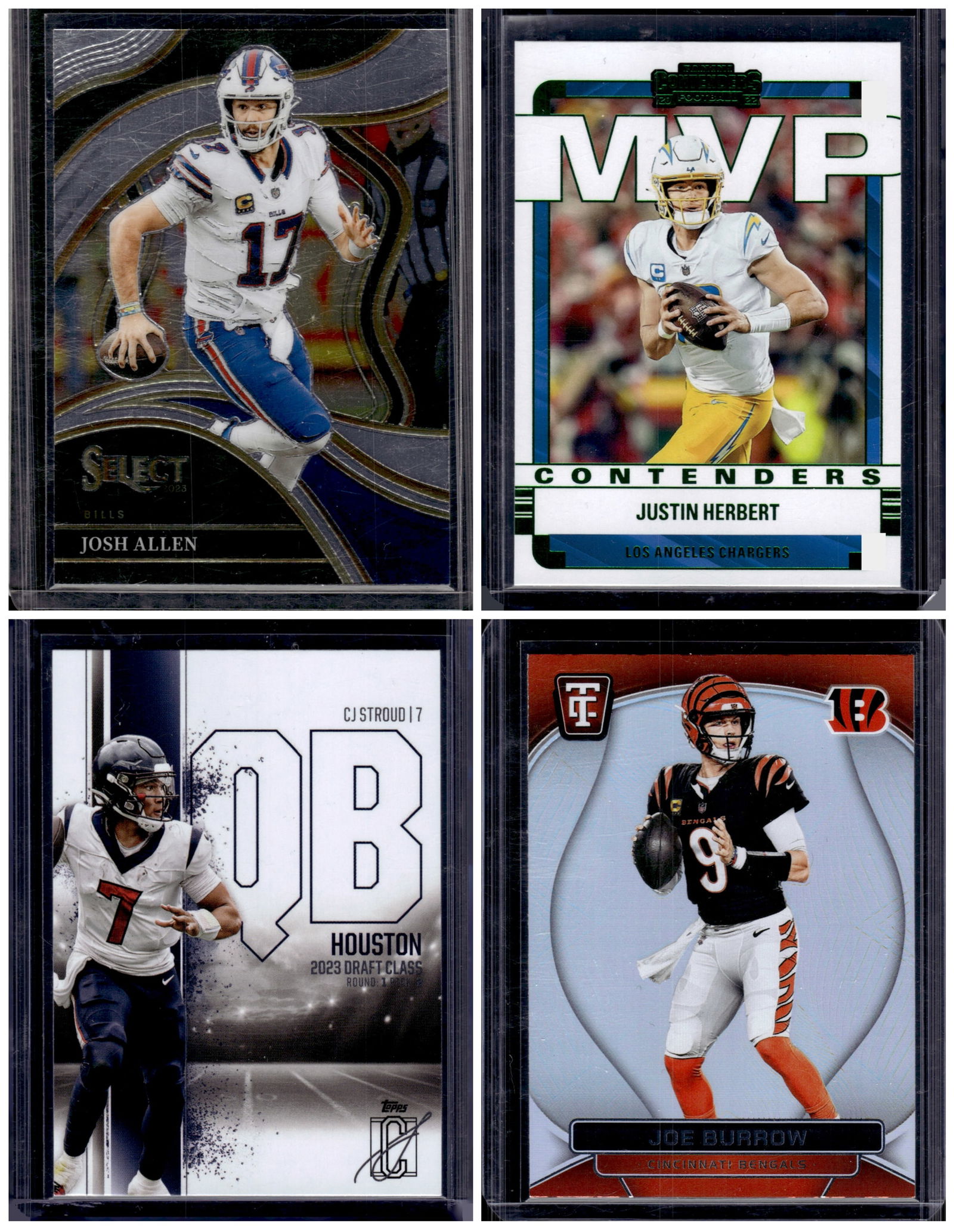 Lot of 4 NFL QB Cards. Josh Allen, Justin Herbert, Cj Stroud, Joe Burrow: Panini Select, Prizm, Mosaic, Contenders, Zenith, Phoenix, Illusions, Absolute, Rookie NFL Sports Trading Cards, SP, SSP, Cards, Football Cards for Sale Near Me, Superbowl & Hall of Fame Player Cards,