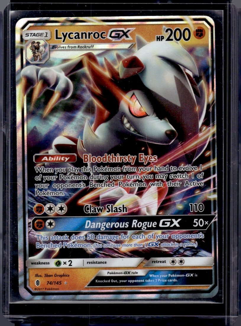 2017 Pokemon Guardians Rising Lycanroc GX Ultra Rare #74: Pokemon Trading Card Game Cards, Charizard, Pikachu, Mewtwo, Reverse Holo, Holo Rare, Secret Rare Cards, Full Art Cards, Eevee, Ultra Rare Card, Illustration Rare, Special Illustration Rare SIR