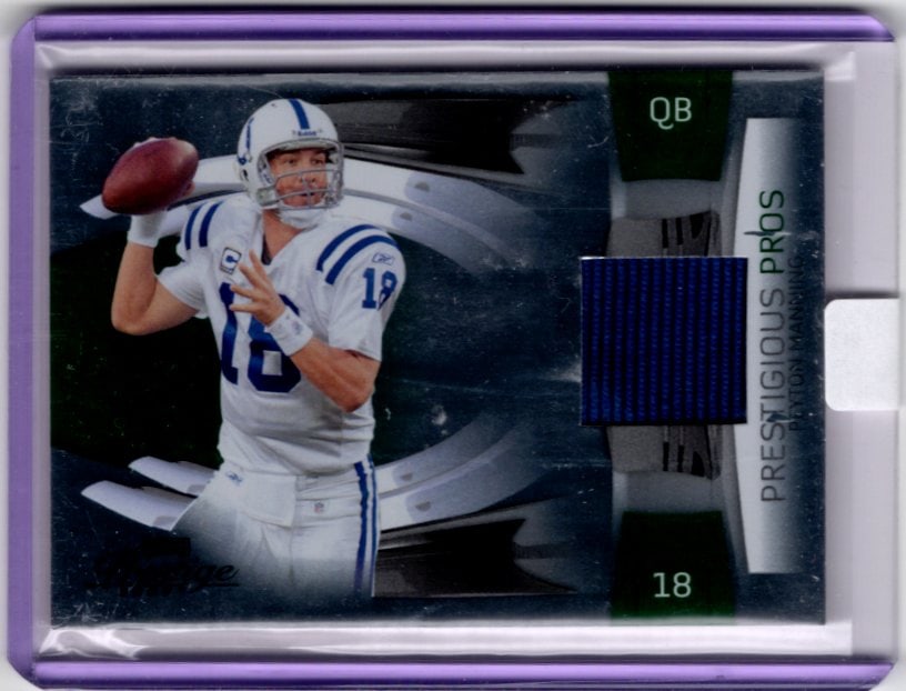 Peyton Manning Game Worn Patch /100 2009 Playoff Prestige #35 Indianapolis Colts: Panini Select, Prizm, Mosaic, Contenders, Zenith, Phoenix, Illusions, Absolute, Rookie NFL Sports Trading Cards, SP, SSP, Cards, Football Cards for Sale Near Me, Superbowl & Hall of Fame Player Cards,
