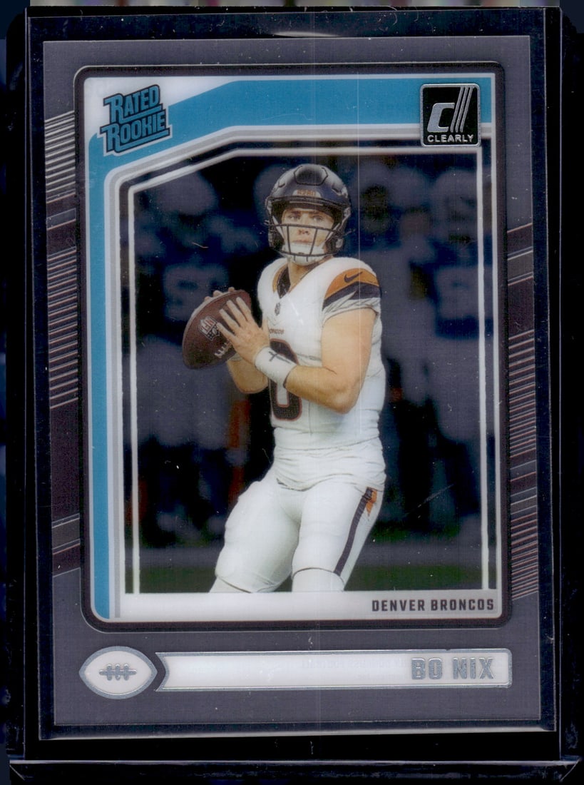 Bo Nix Rookie Card 2024 Clearly Donruss #56 Denver Broncos: Panini Select, Prizm, Mosaic, Contenders, Zenith, Phoenix, Illusions, Absolute, Rookie NFL Sports Trading Cards, SP, SSP, Cards, Football Cards for Sale Near Me, Superbowl & Hall of Fame Player Cards,