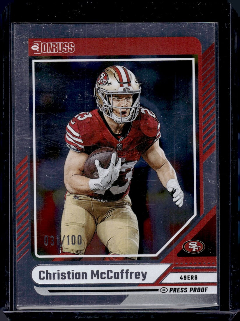 Christian McCaffrey Silver Press Proof /100 2024 Donruss #205 San Francisco 49ers: Panini Select, Prizm, Mosaic, Contenders, Zenith, Phoenix, Illusions, Absolute, Rookie NFL Sports Trading Cards, SP, SSP, Cards, Football Cards for Sale Near Me, Superbowl & Hall of Fame Player Cards,