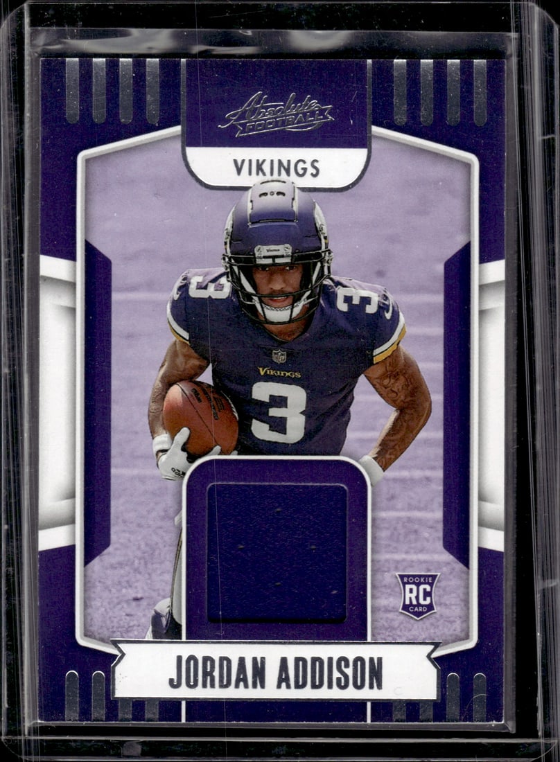 Jordan Addison Rookie Card Patch 2023 Absolute #ARM-10 Minnesota Vikings: Panini Select, Prizm, Mosaic, Contenders, Zenith, Phoenix, Illusions, Absolute, Rookie NFL Sports Trading Cards, SP, SSP, Cards, Football Cards for Sale Near Me, Superbowl & Hall of Fame Player Cards,