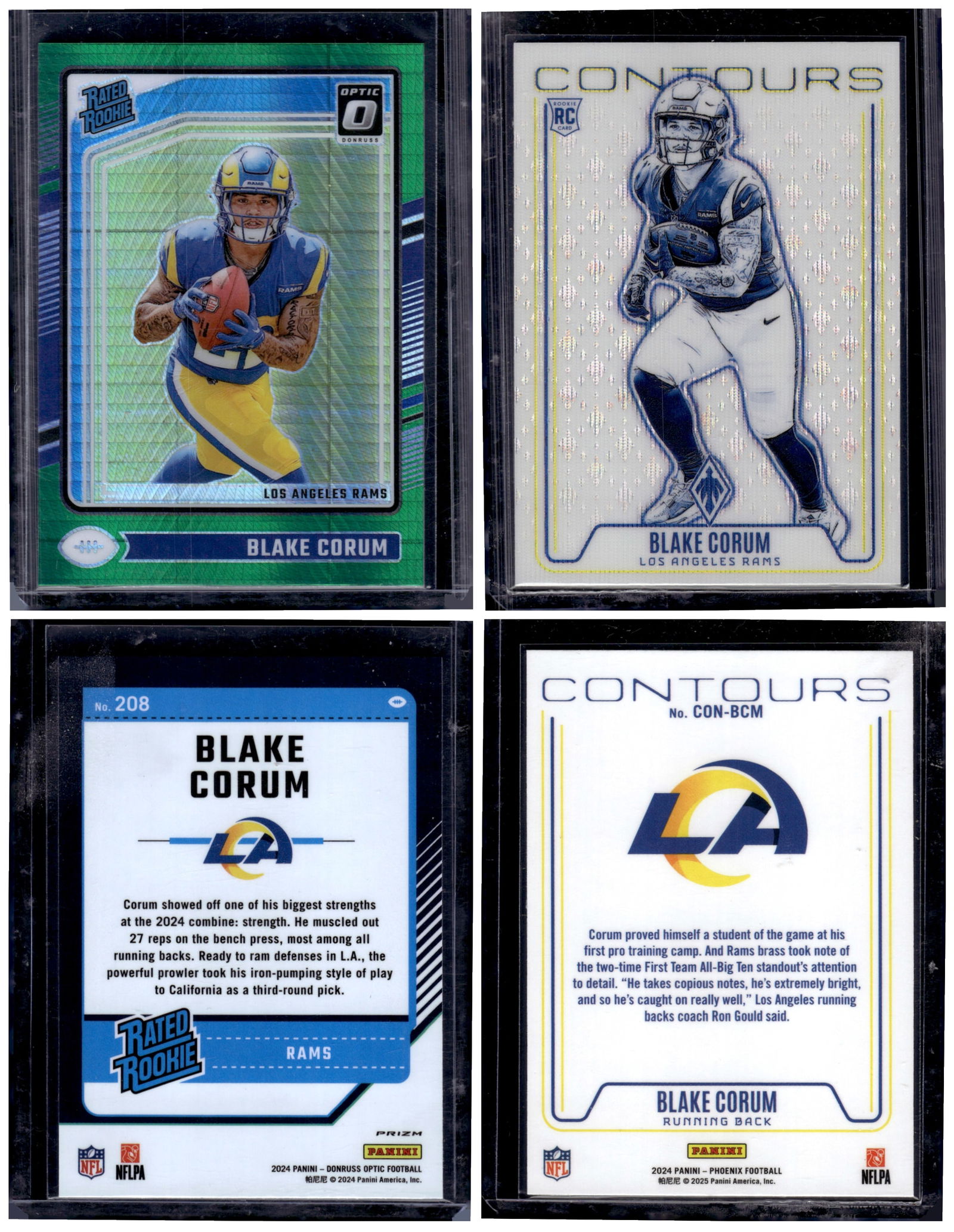 Lot of 2 Blake Corum Rookie Cards. Optic Green Hyper & Contours: Panini Select, Prizm, Mosaic, Contenders, Zenith, Phoenix, Illusions, Absolute, Rookie NFL Sports Trading Cards, SP, SSP, Cards, Football Cards for Sale Near Me, Superbowl & Hall of Fame Player Cards,