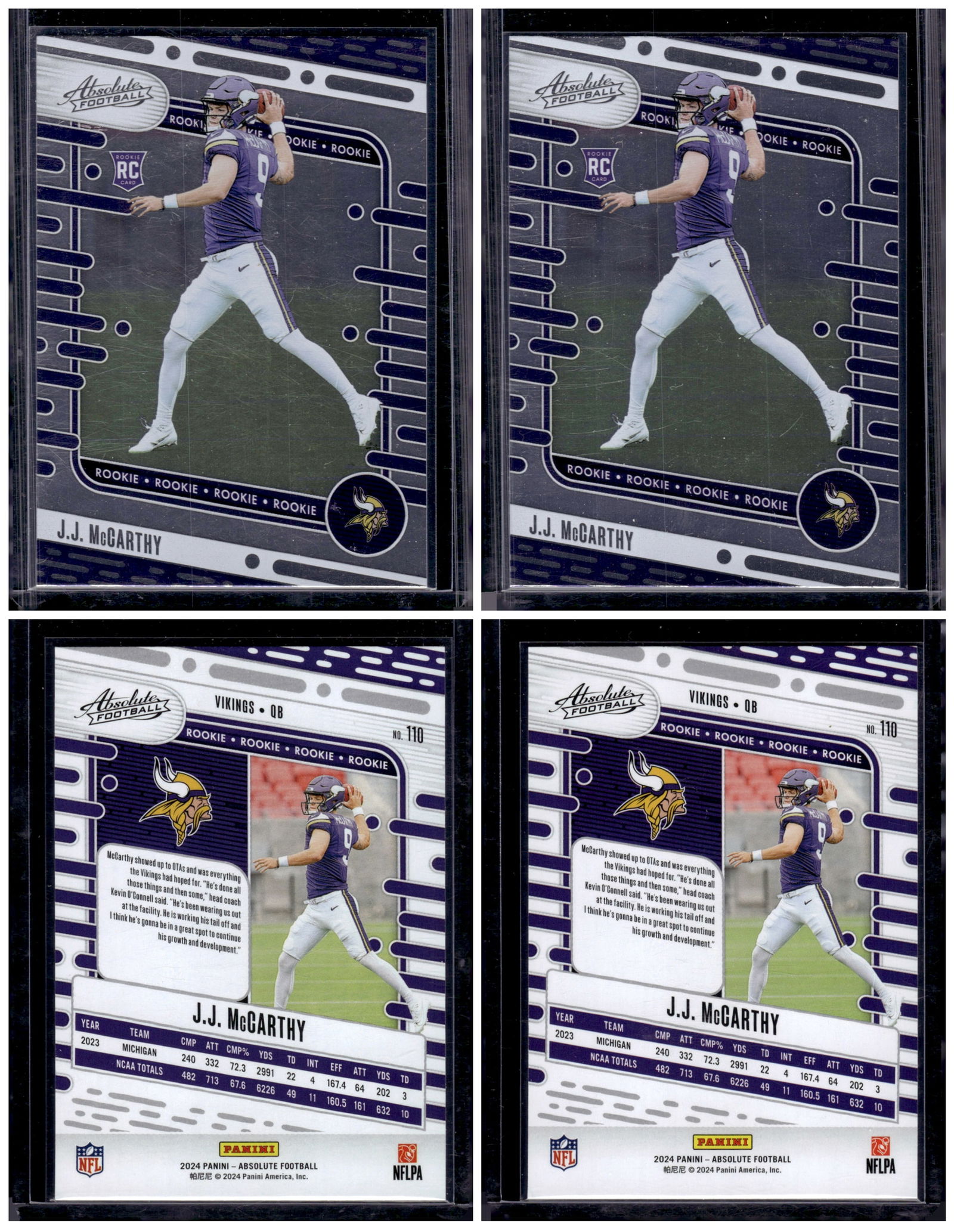 Lot of 2 JJ McCarthy Rookie Cards 2024 Absolute #110 Minnesota Vikings: Panini Select, Prizm, Mosaic, Contenders, Zenith, Phoenix, Illusions, Absolute, Rookie NFL Sports Trading Cards, SP, SSP, Cards, Football Cards for Sale Near Me, Superbowl & Hall of Fame Player Cards,